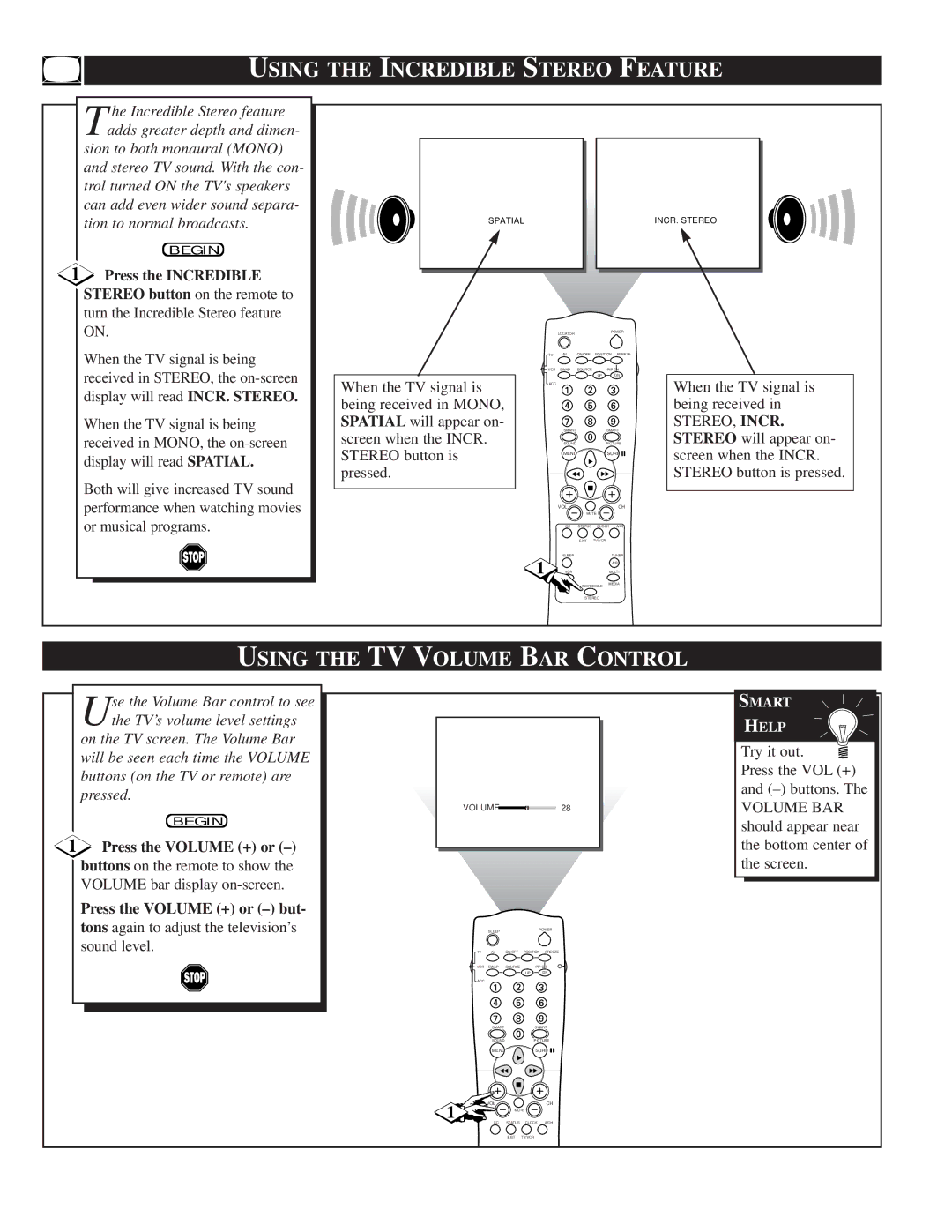 Philips TP2781, TP3281, TP3681 Using the Incredible Stereo Feature, Using the TV Volume BAR Control, Press the Incredible 