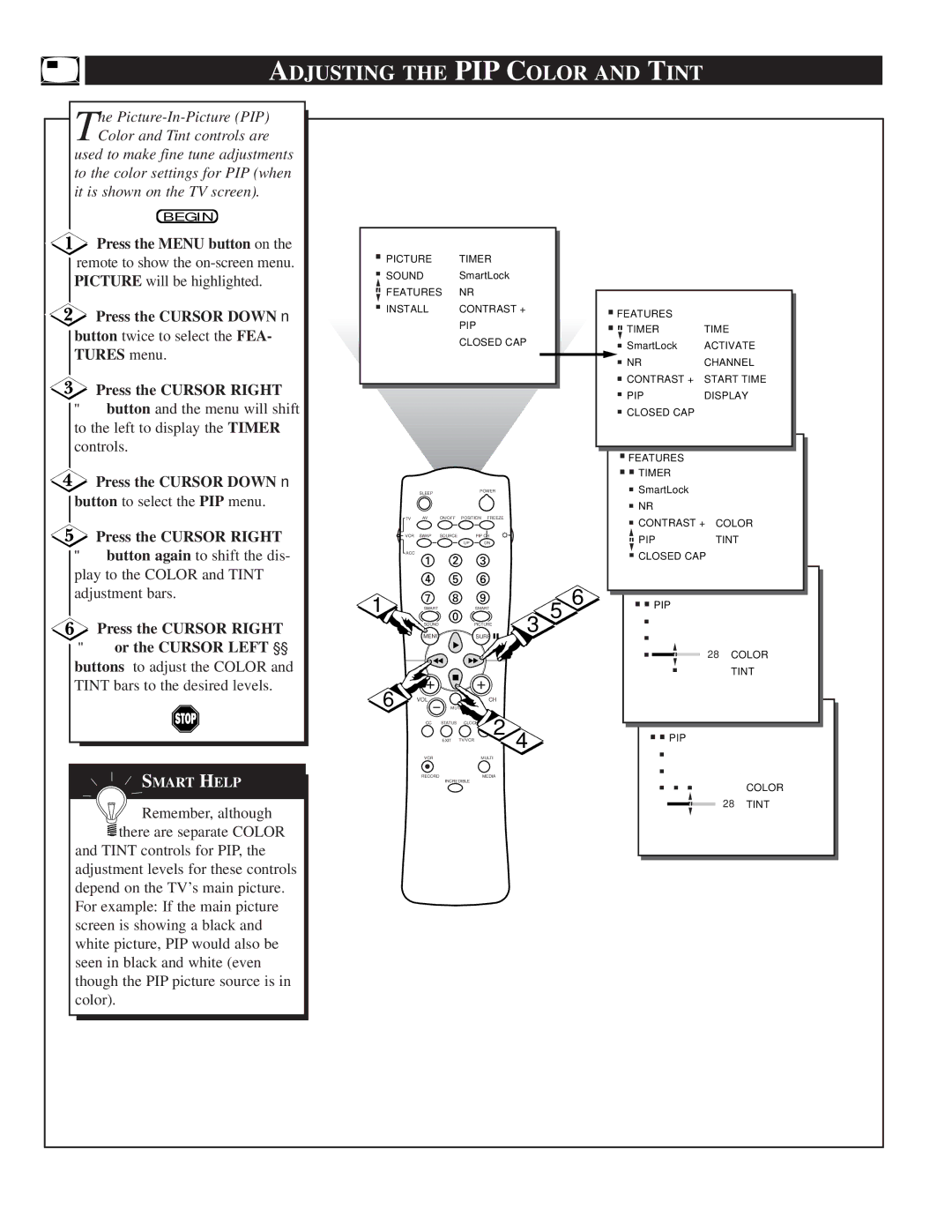 Philips TP2781, TP3281, TP3681 manual Adjusting the PIP Color and Tint 