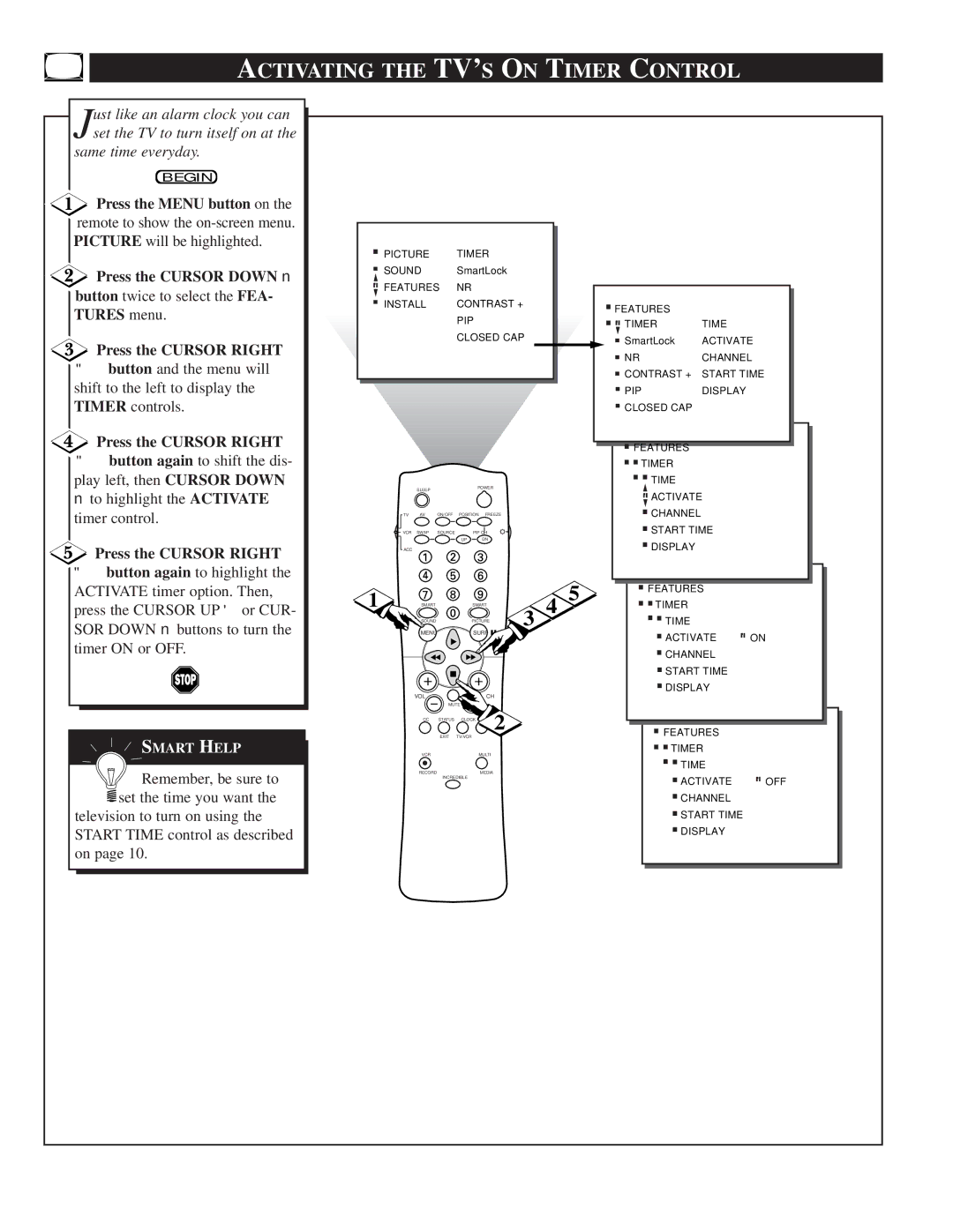 Philips TP2781, TP3281, TP3681 manual Activating the TV’S on Timer Control, Press the Menu button on 