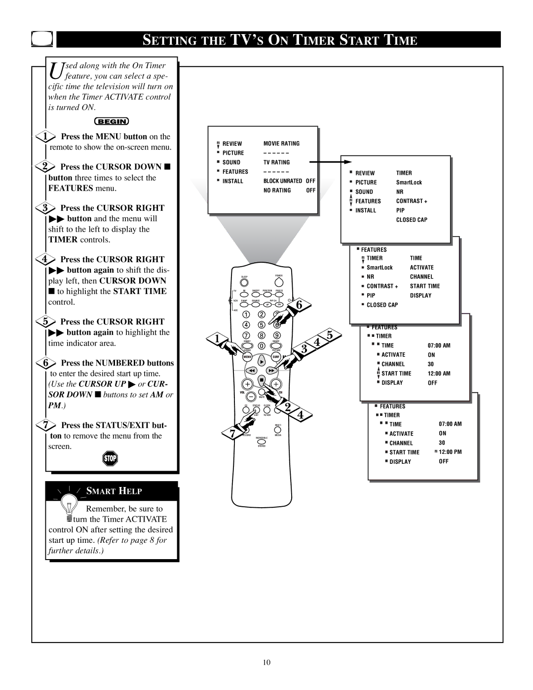 Philips TP2784C1 manual Setting the TV’S on Timer Start Time, Use the Cursor UP  or CUR, SOR Down buttons to set AM or 