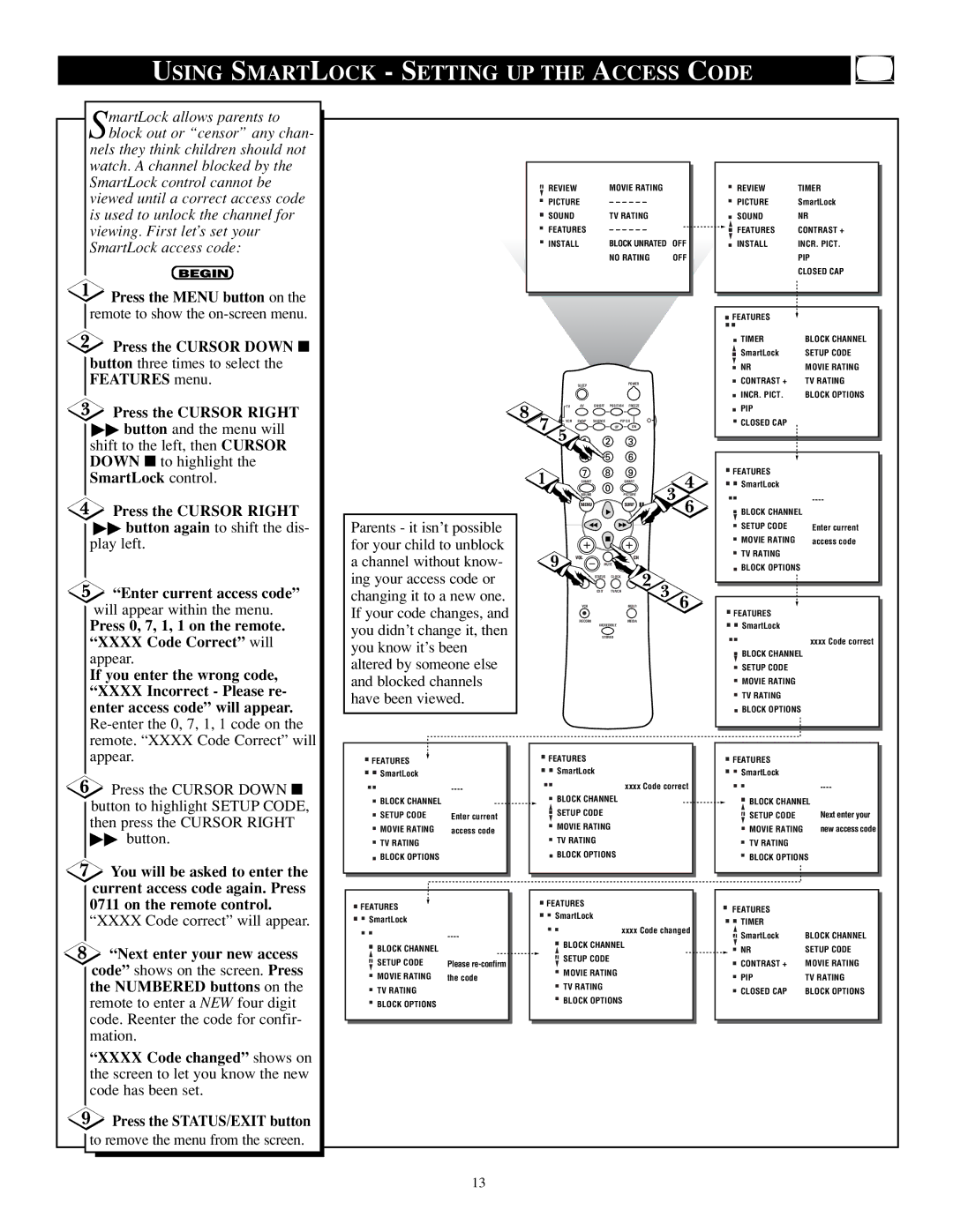 Philips TP2784C1 manual Using Smartlock Setting UP the Access Code, Enter current access code 