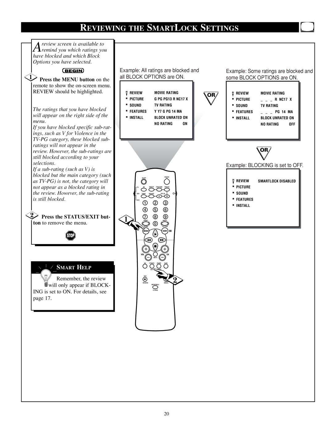 Philips TP2784C1 manual Reviewing the Smartlock Settings, Example Blocking is set to OFF 