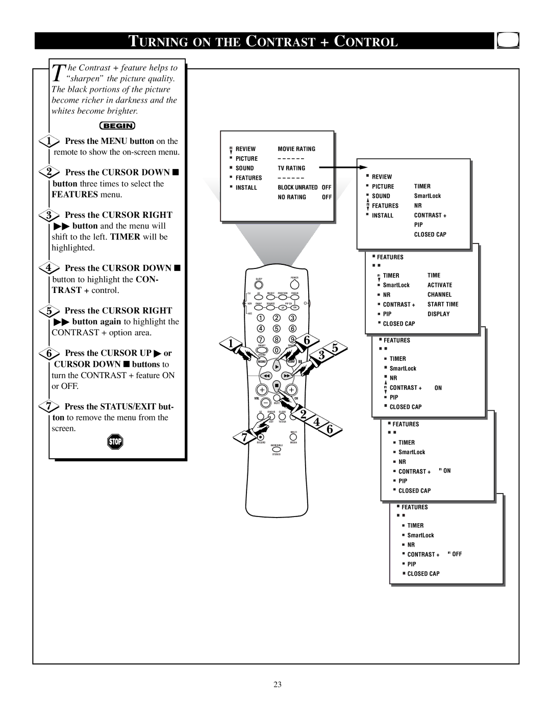 Philips TP2784C1 manual Turning on the Contrast + Control, Trast + control, Contrast + option area 