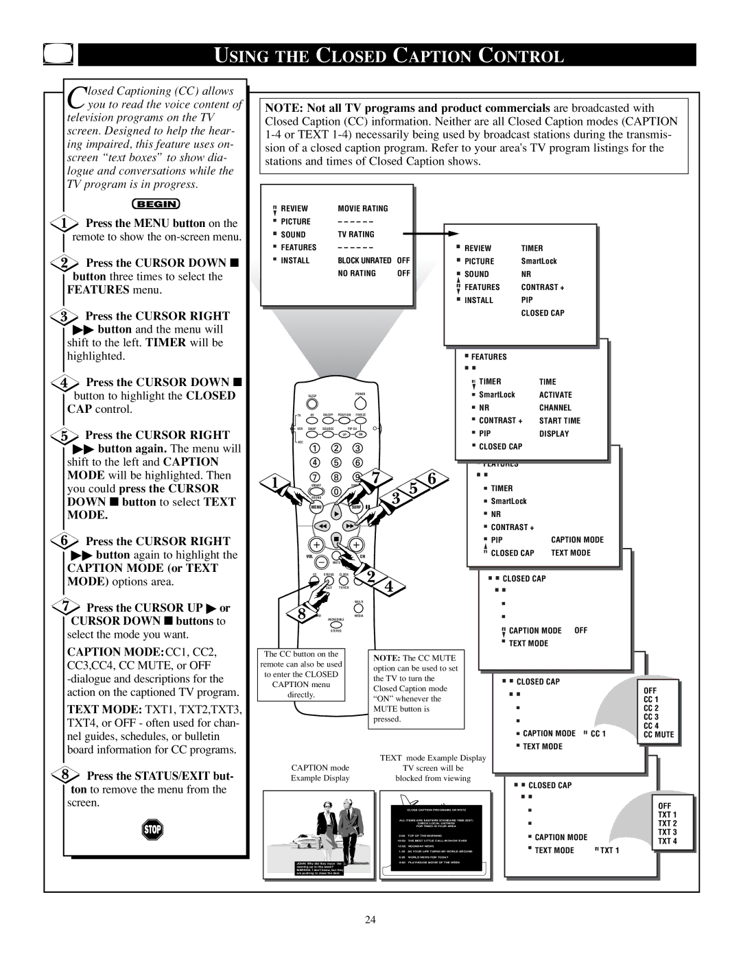 Philips TP2784C1 manual Using the Closed Caption Control, Mode 