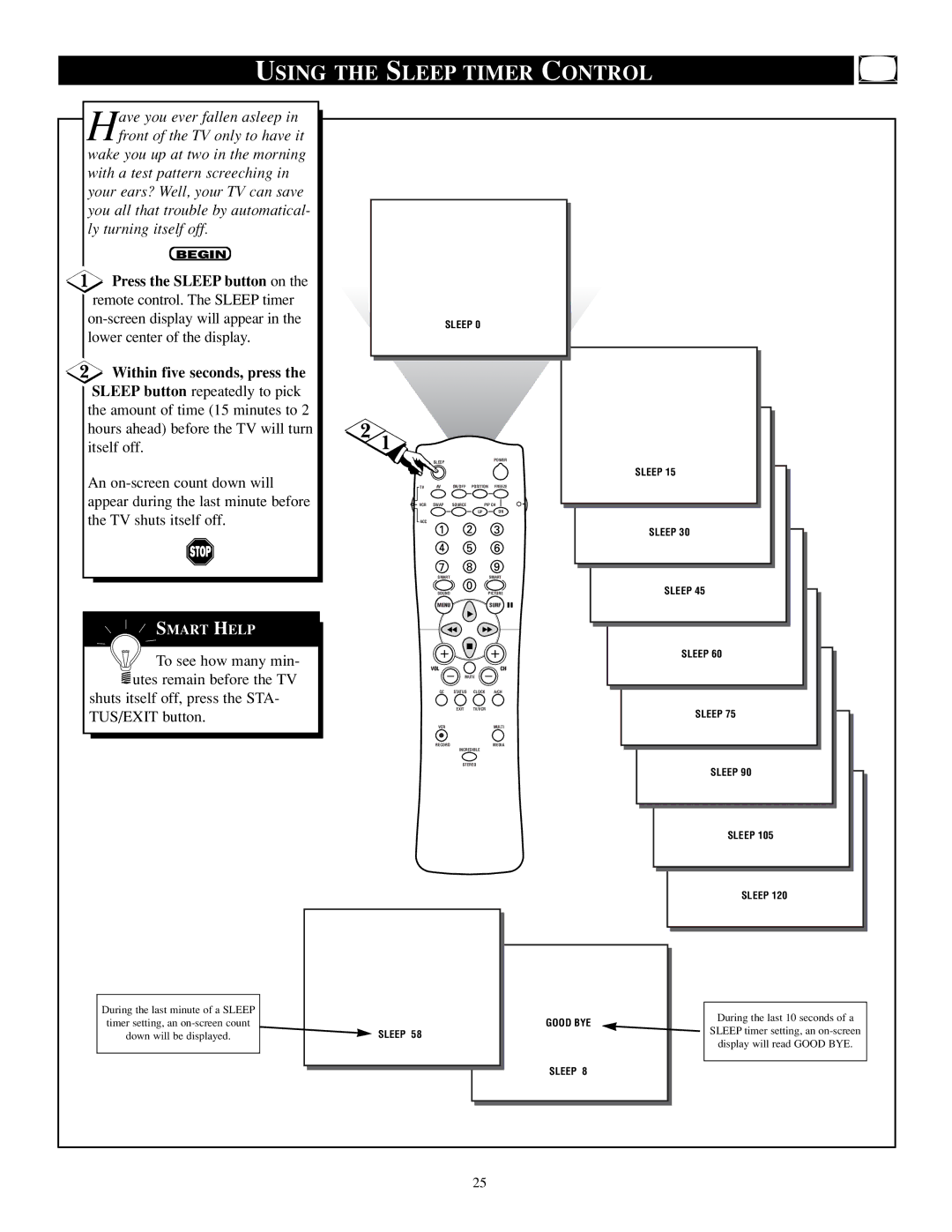 Philips TP2784C1 manual Using the Sleep Timer Control, Good BYE Sleep 