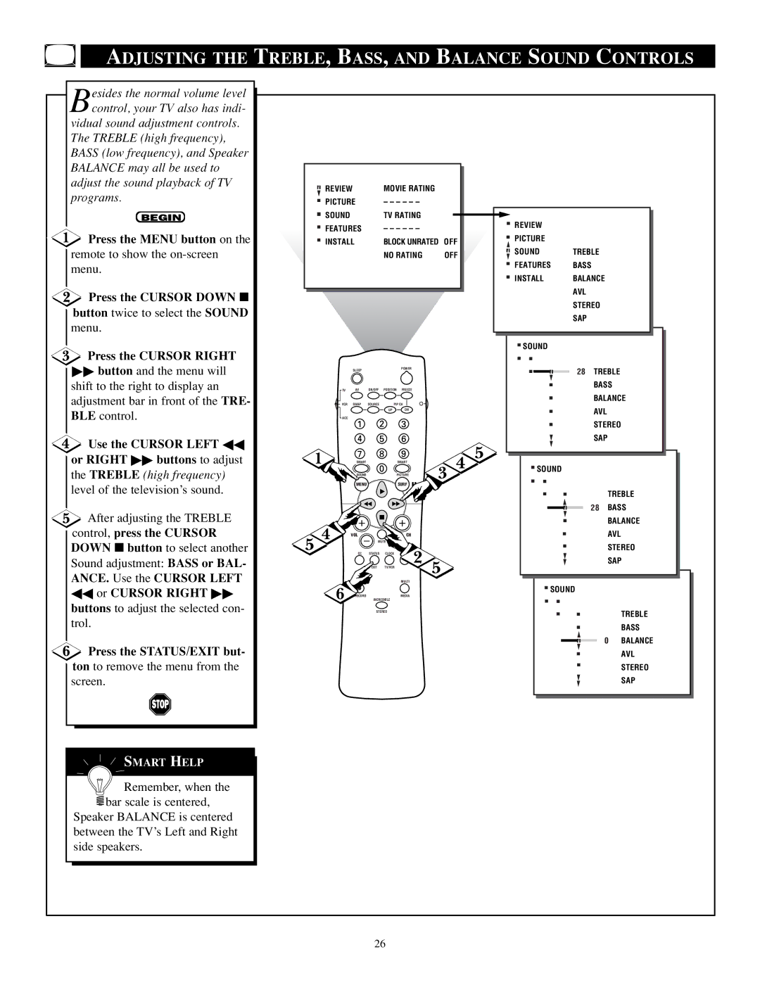 Philips TP2784C1 manual Adjusting the Treble , Bass , and Balance Sound Controls, Programs 