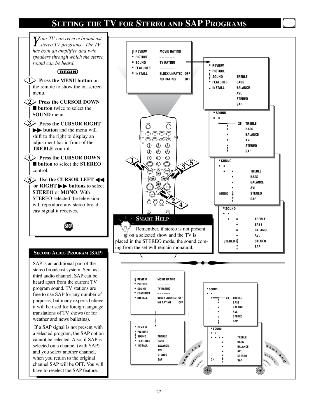 Philips TP2784C1 manual Setting the TV for Stereo and SAP Programs, Remember, if stereo is not present 