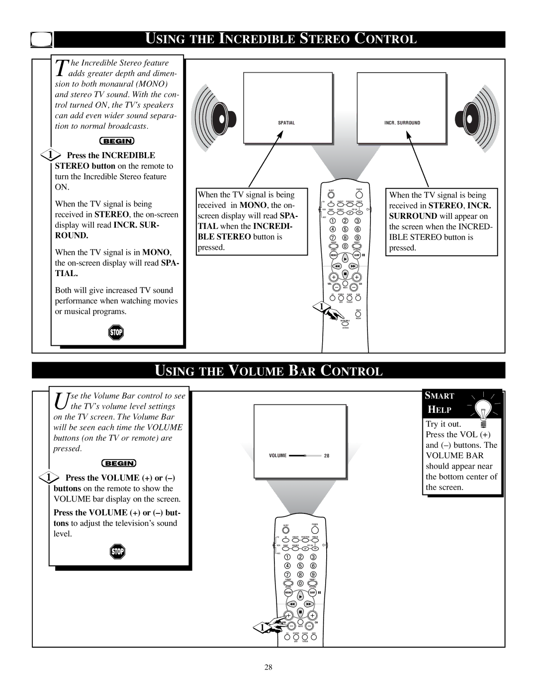 Philips TP2784C1 manual Using the Incredible Stereo Control, Using the Volume BAR Control, Press the Incredible 