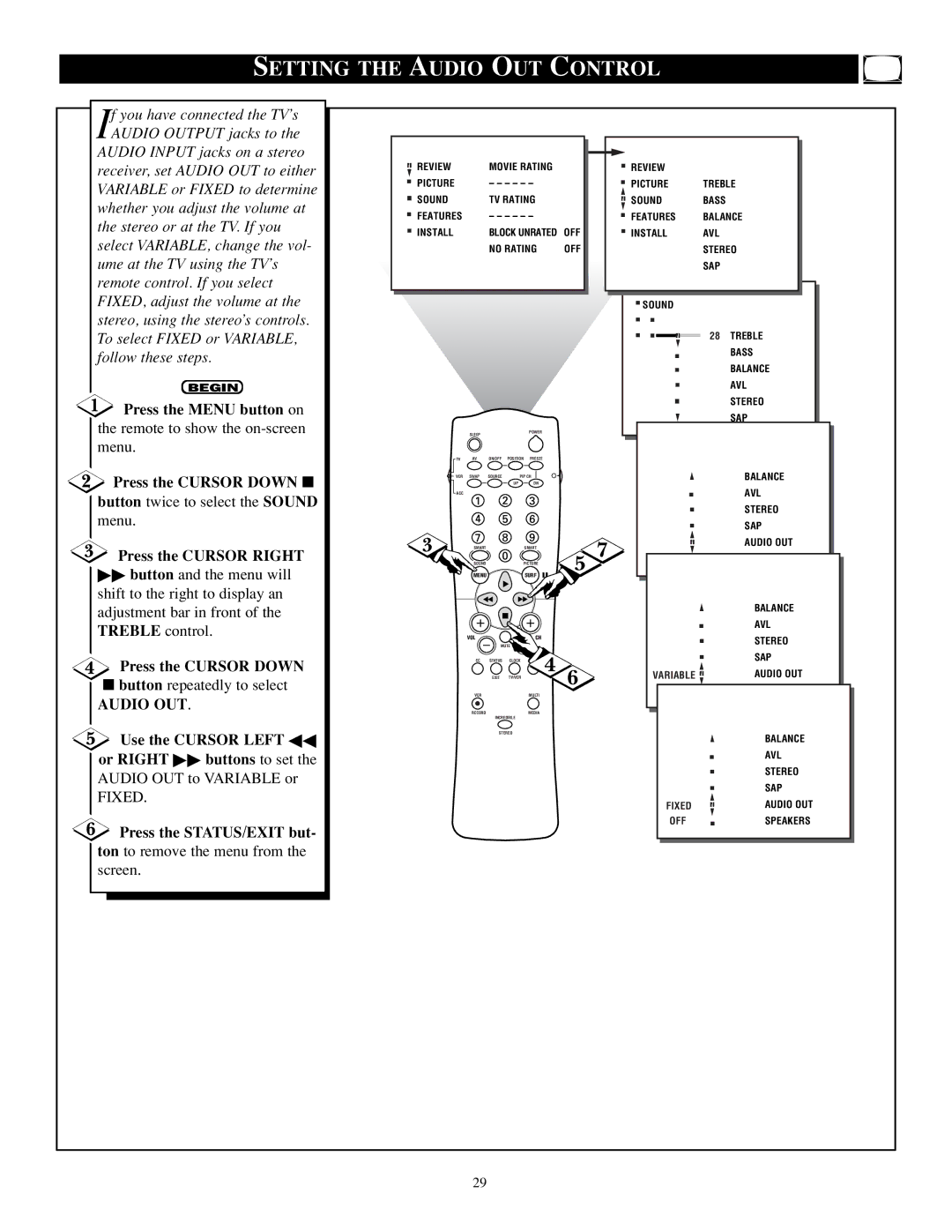 Philips TP2784C1 manual Setting the Audio OUT Control, Use the Cursor Left  or Right  buttons to set 