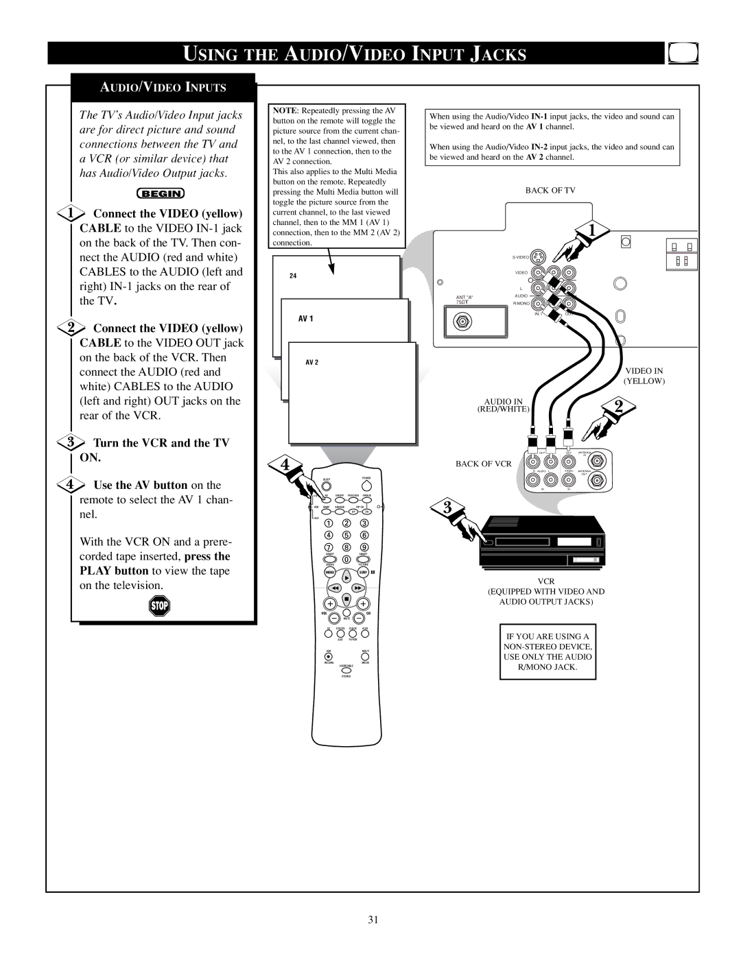 Philips TP2784C1 manual Using the AUDIO/VIDEO Input Jacks, Connect the Video yellow 