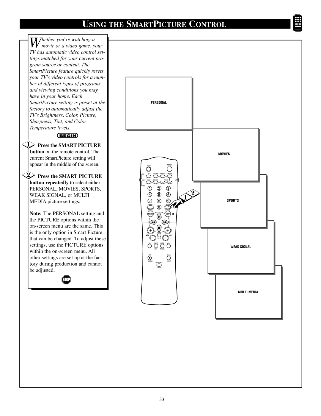 Philips TP2784C1 manual Press the Smart Picture, Button repeatedly to select either 