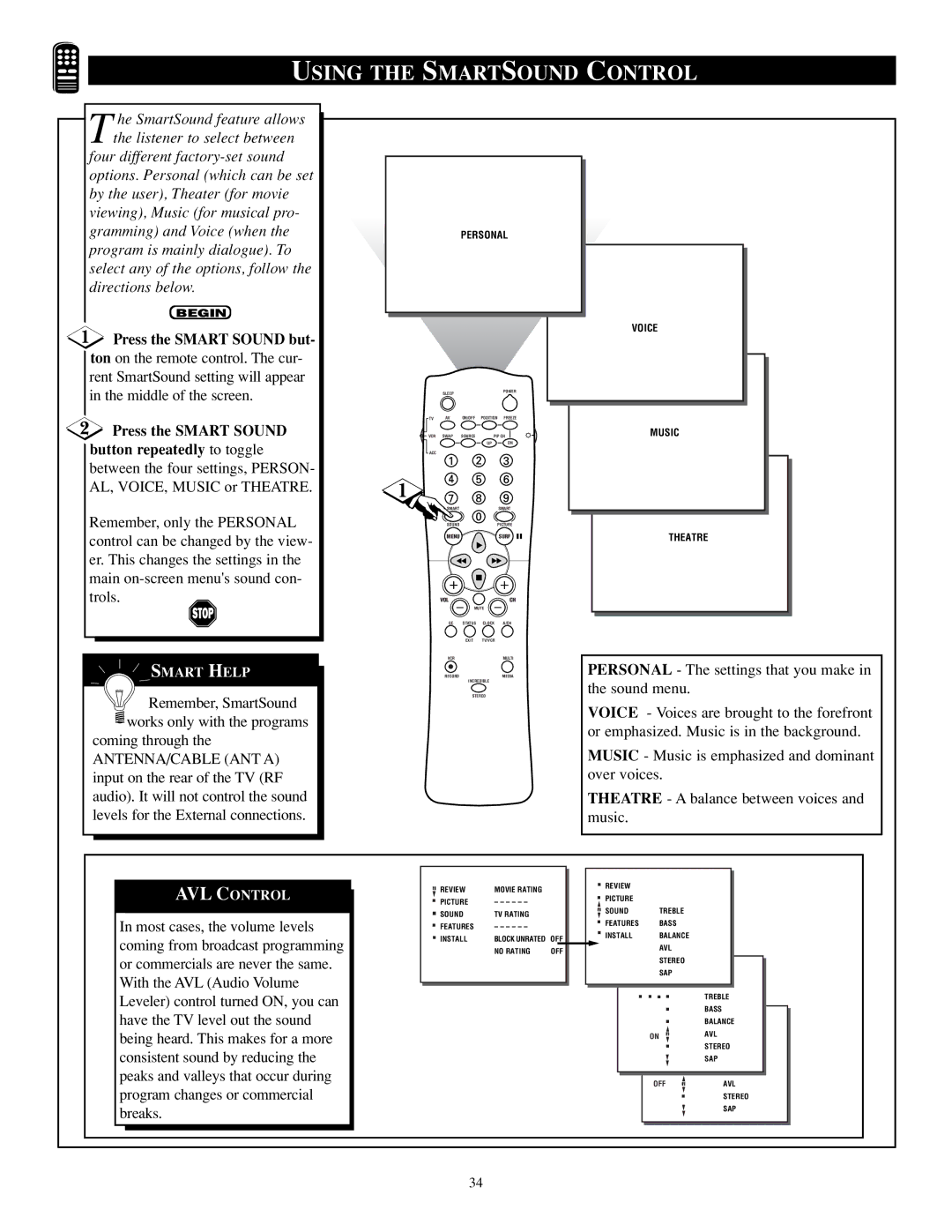 Philips TP2784C1 manual Using the Smartsound Control, Press the Smart Sound but 