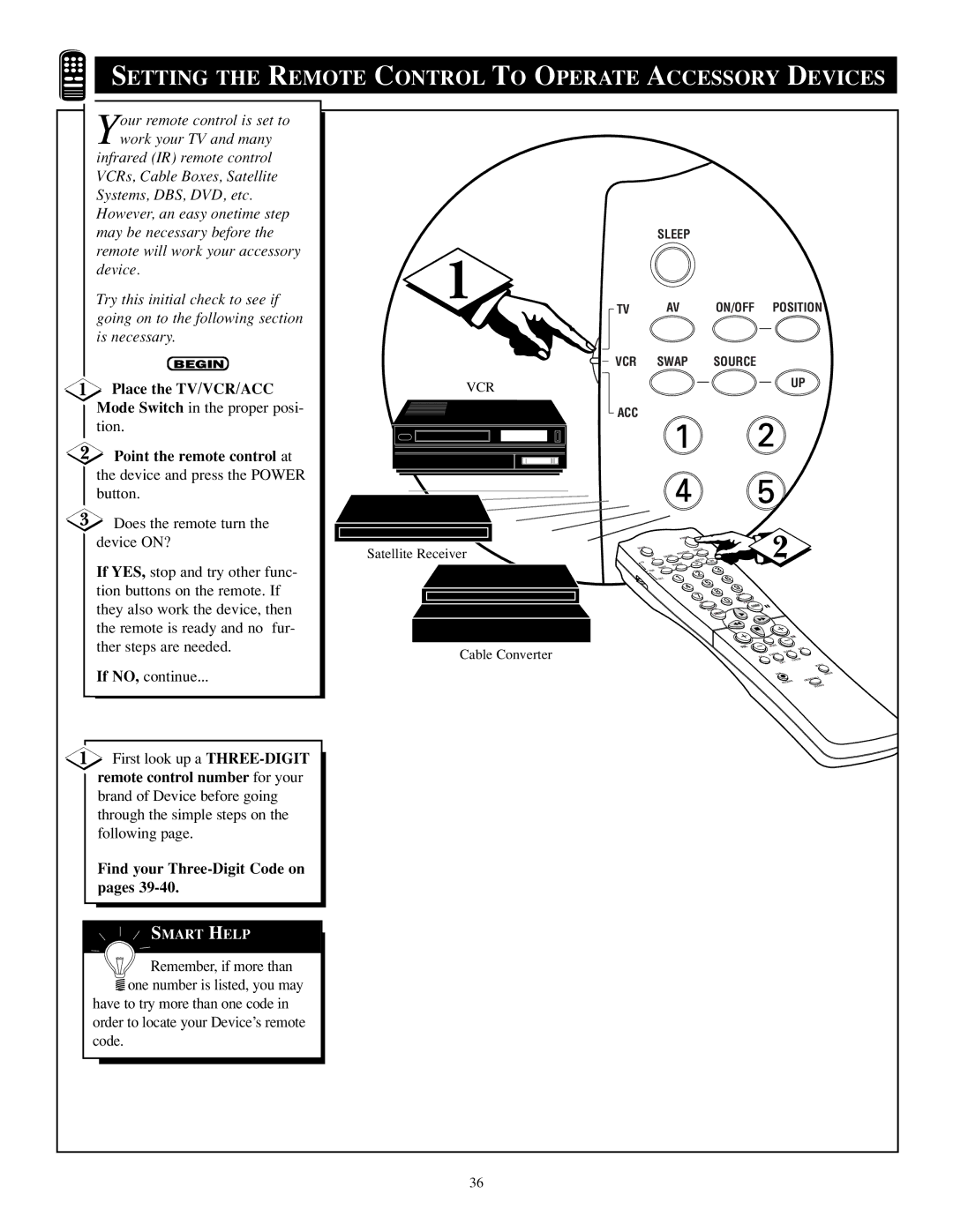 Philips TP2784C1 manual Setting the Remote Control to Operate Accessory Devices, Place the TV/VCR/ACC 