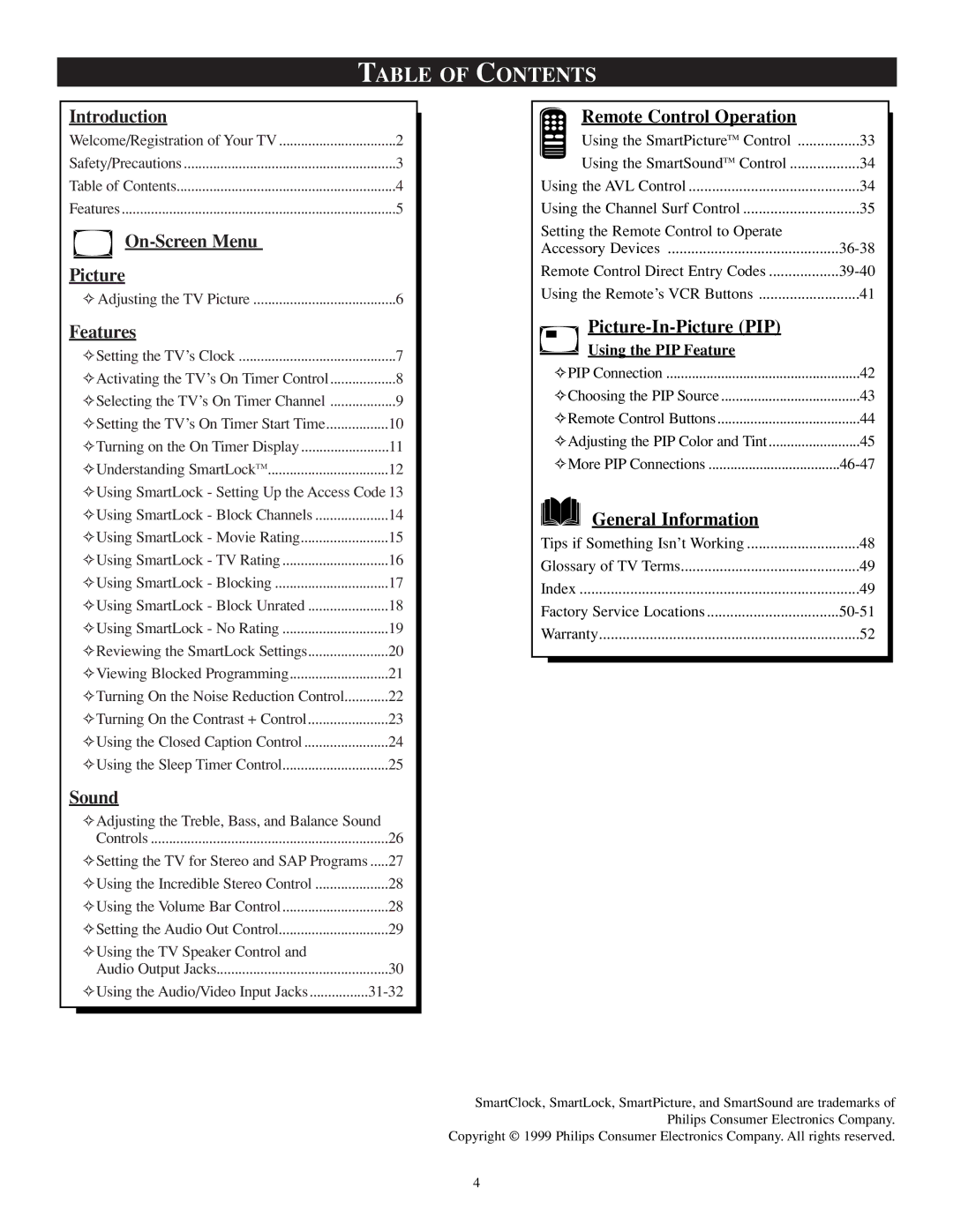 Philips TP2784C1 manual Table of Contents 