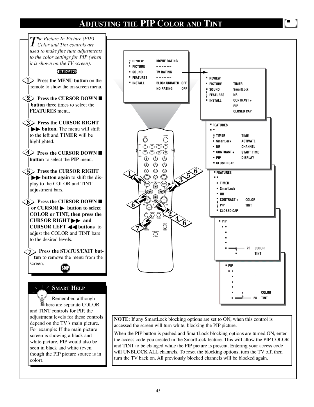 Philips TP2784C1 manual Adjusting the PIP Color and Tint, Remember, although 