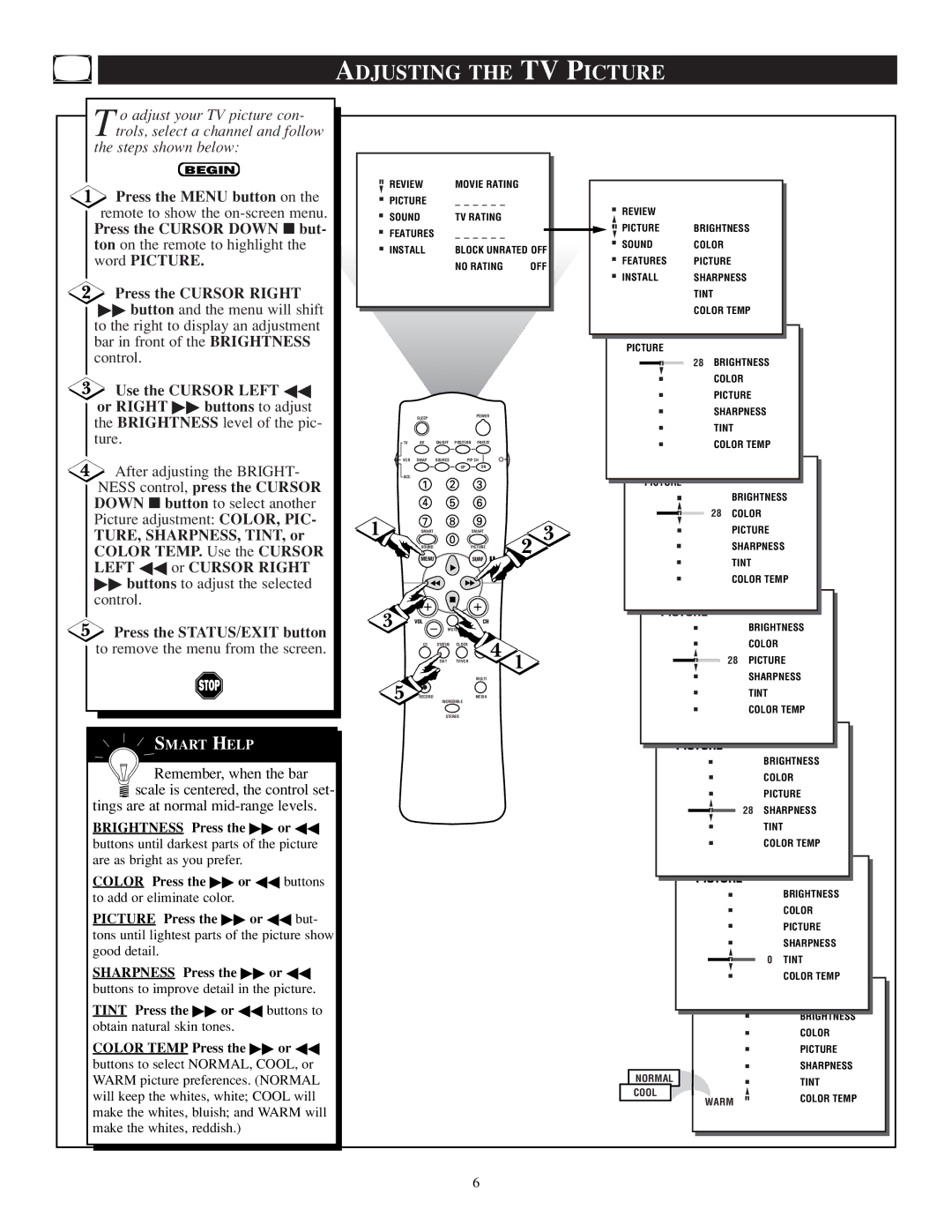 Philips TP2784C1 manual Adjusting the TV Picture, Press the STATUS/EXIT button 