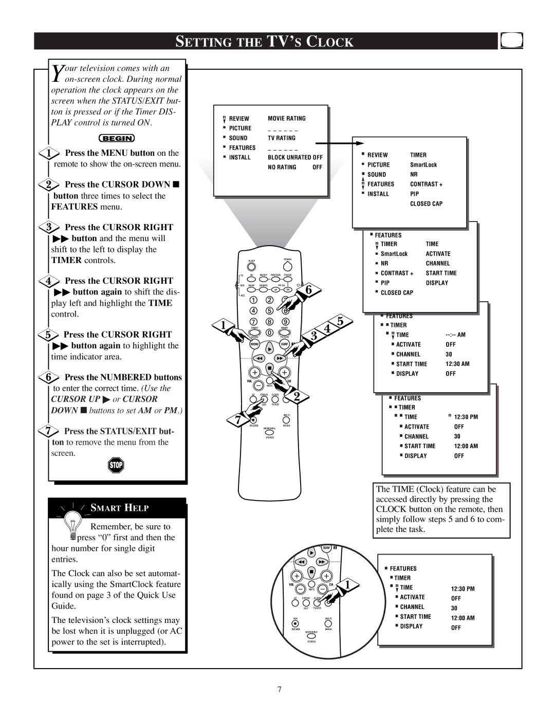 Philips TP2784C1 manual Setting the TV’S Clock, Press the Numbered buttons 