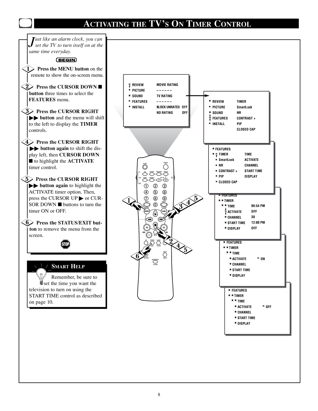 Philips TP2784C1 manual Activating the TV’S on Timer Control 