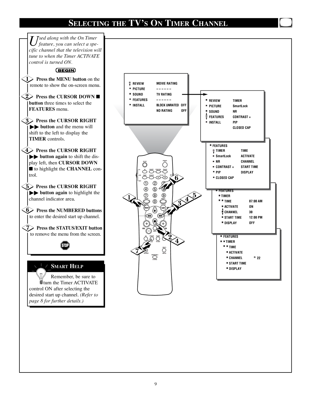 Philips TP2784C1 manual Selecting the TV’S on Timer Channel, Press the STATUS/EXIT button 