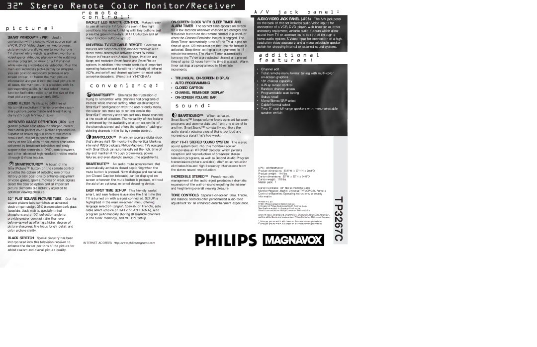 Philips TP3267C manual C t u r e, M o t e N t r o l, N v e n i e n c e, U n d, D i t i o n a l f e a t u r e s 