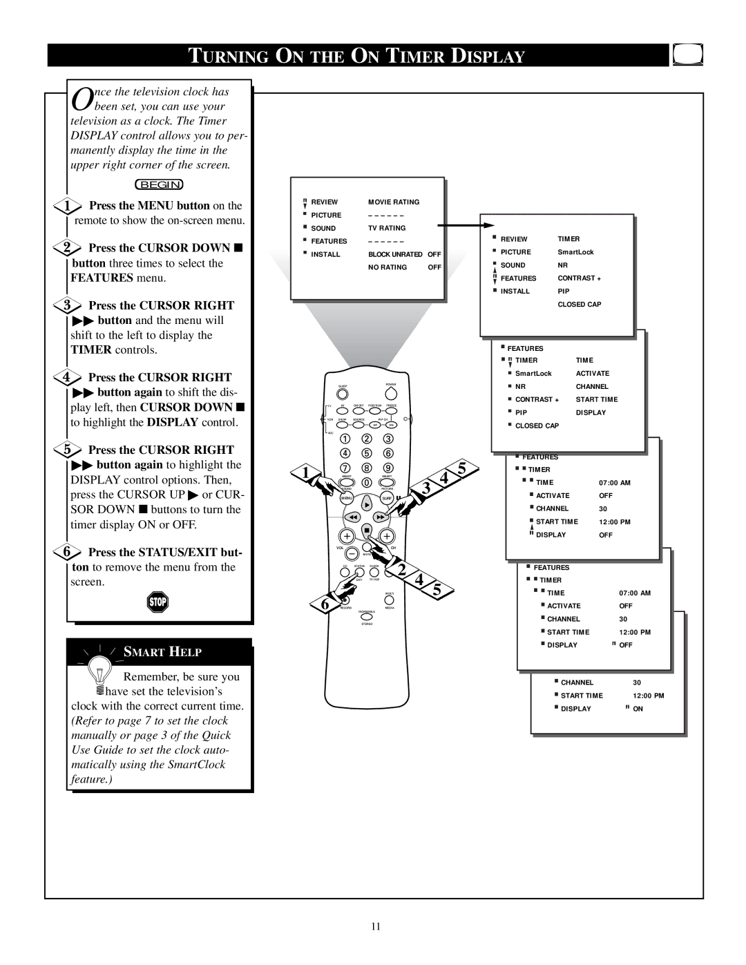 Philips TP3284C1 Turning on the on Timer Display, Press the Cursor Down, Button three times to select the Features menu 