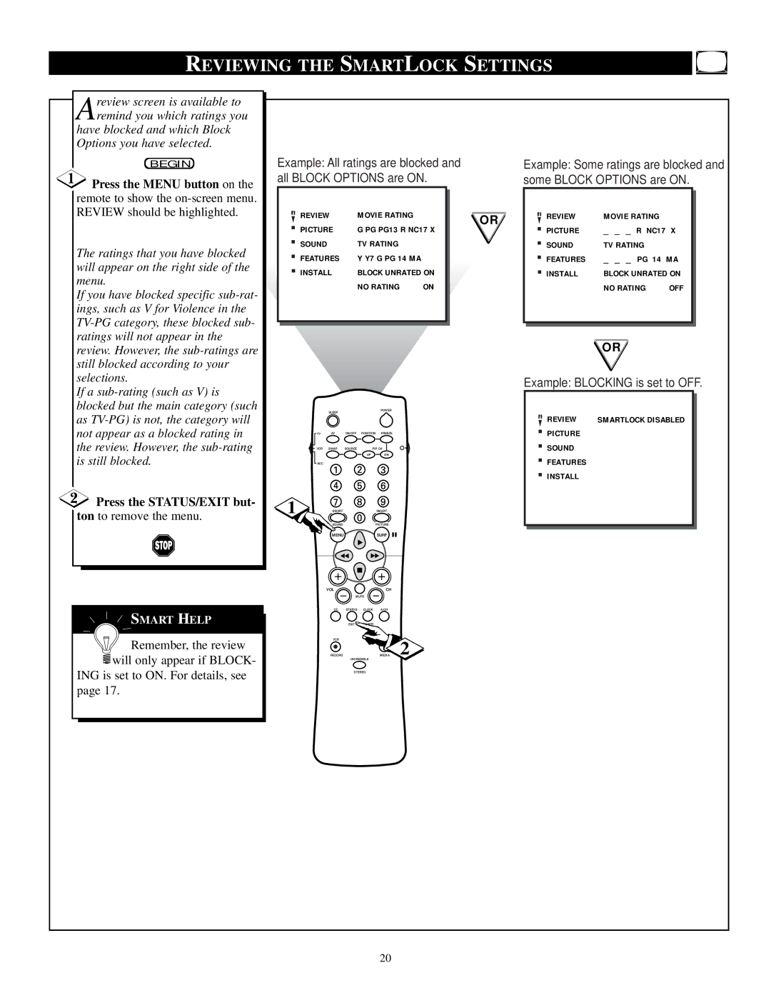 Philips TP3284C1 manual Reviewing the Smartlock Settings, Example Blocking is set to OFF 