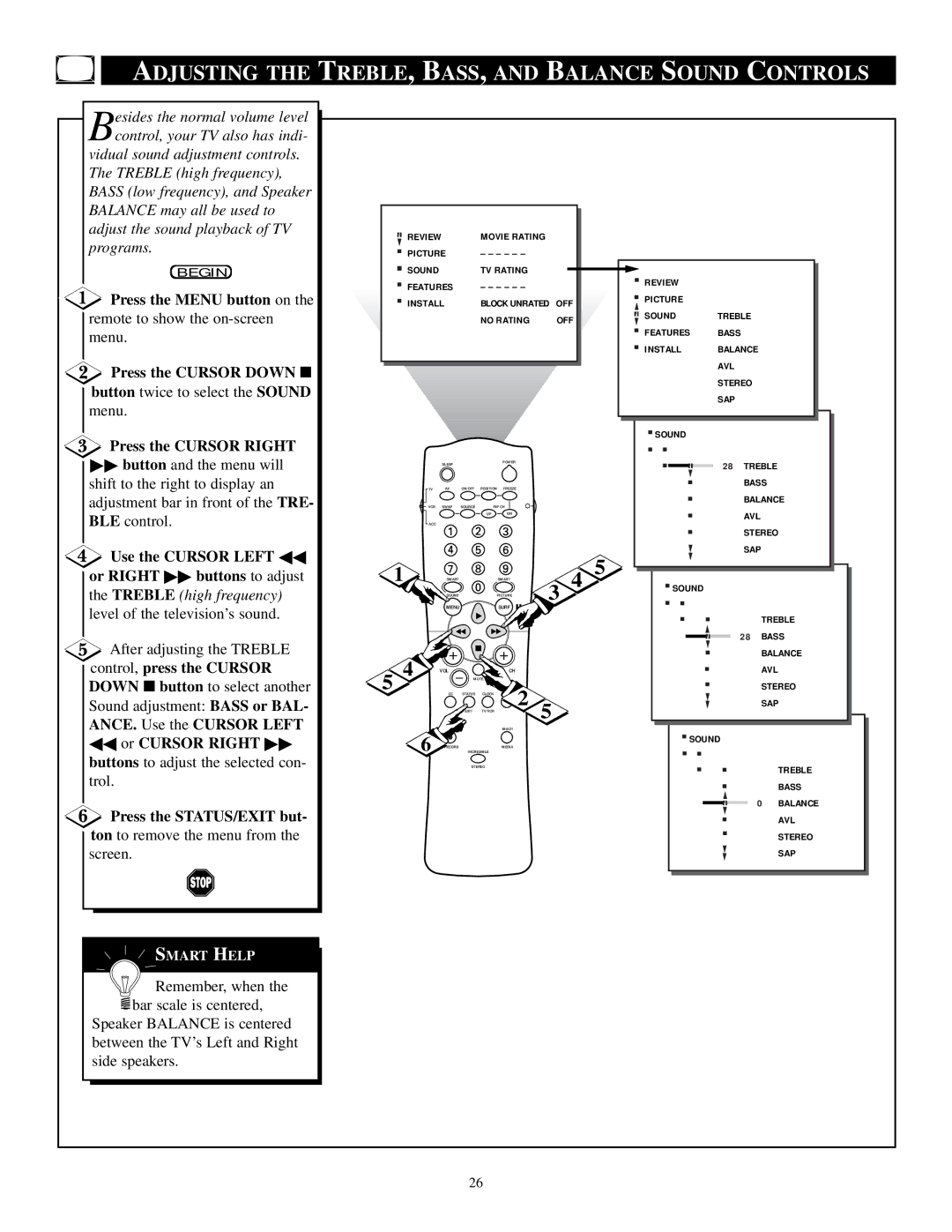 Philips TP3284C1 manual Adjusting the TREBLE, BASS, and Balance Sound Controls, Button twice to select the Sound menu 