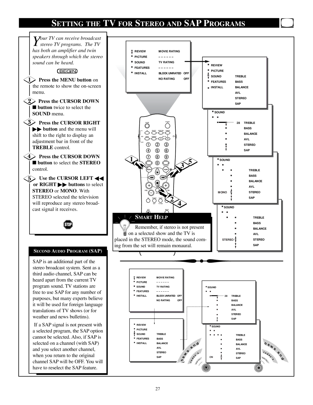 Philips TP3284C1 manual Setting the TV for Stereo and SAP Programs, Remember, if stereo is not present 