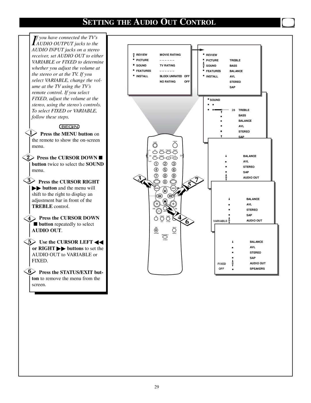 Philips TP3284C1 Setting the Audio OUT Control, Button repeatedly to select, Use the Cursor Left or Right buttons to set 