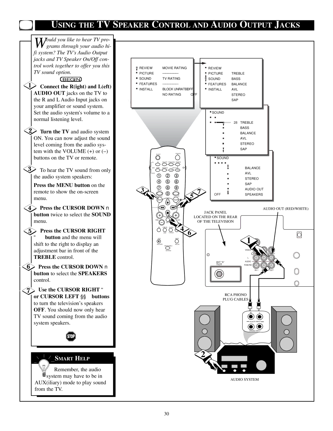 Philips TP3284C1 manual Using the TV Speaker Control and Audio Output Jacks, Connect the Right and Left 