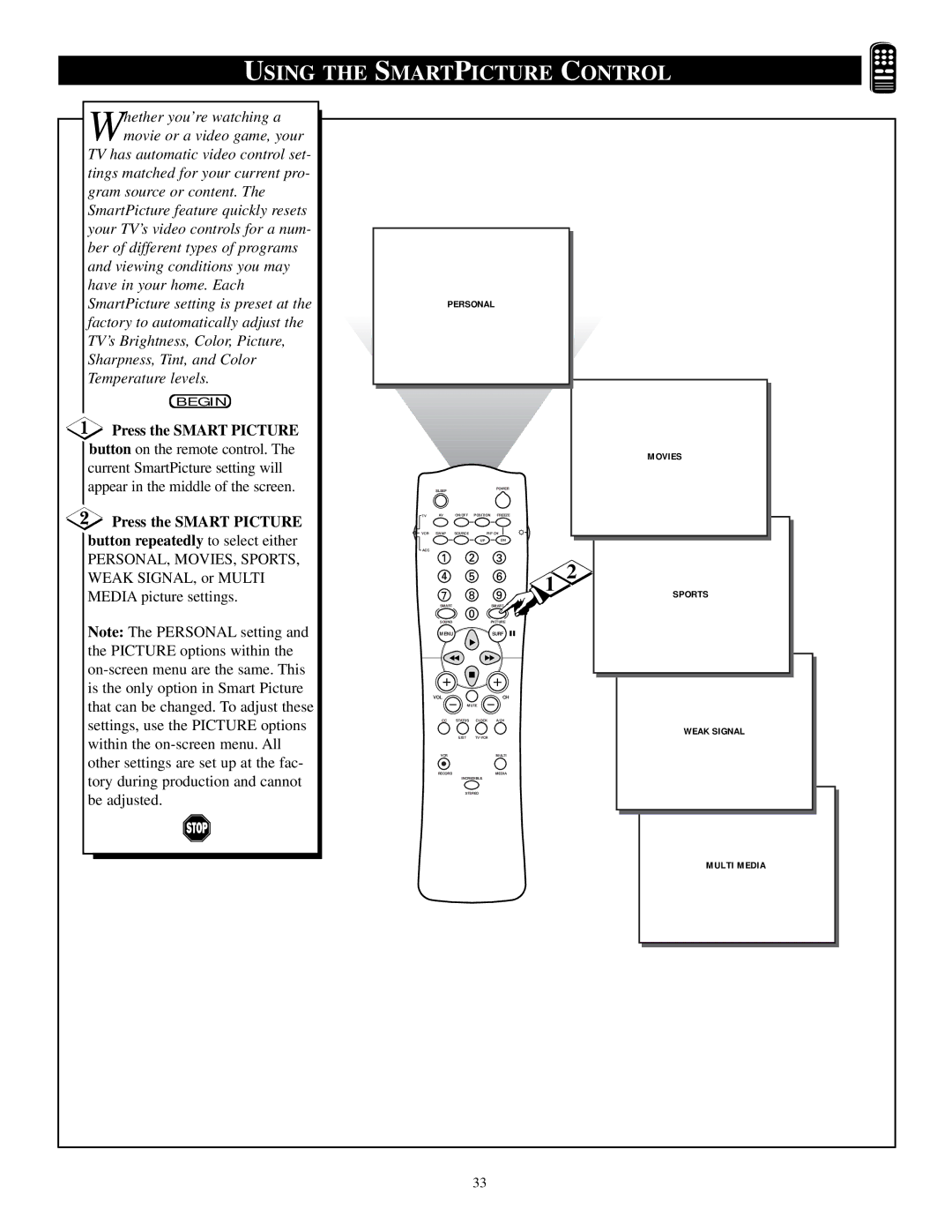 Philips TP3284C1 manual Press the Smart Picture, Button repeatedly to select either 