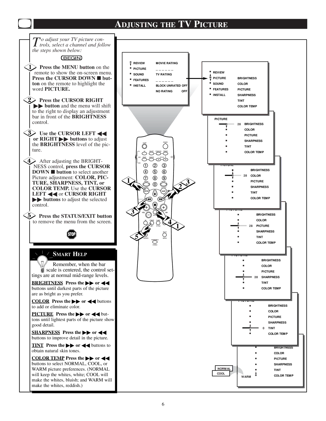 Philips TP3284C1 manual Adjusting the TV Picture, Buttons to adjust the selected control, Press the STATUS/EXIT button 