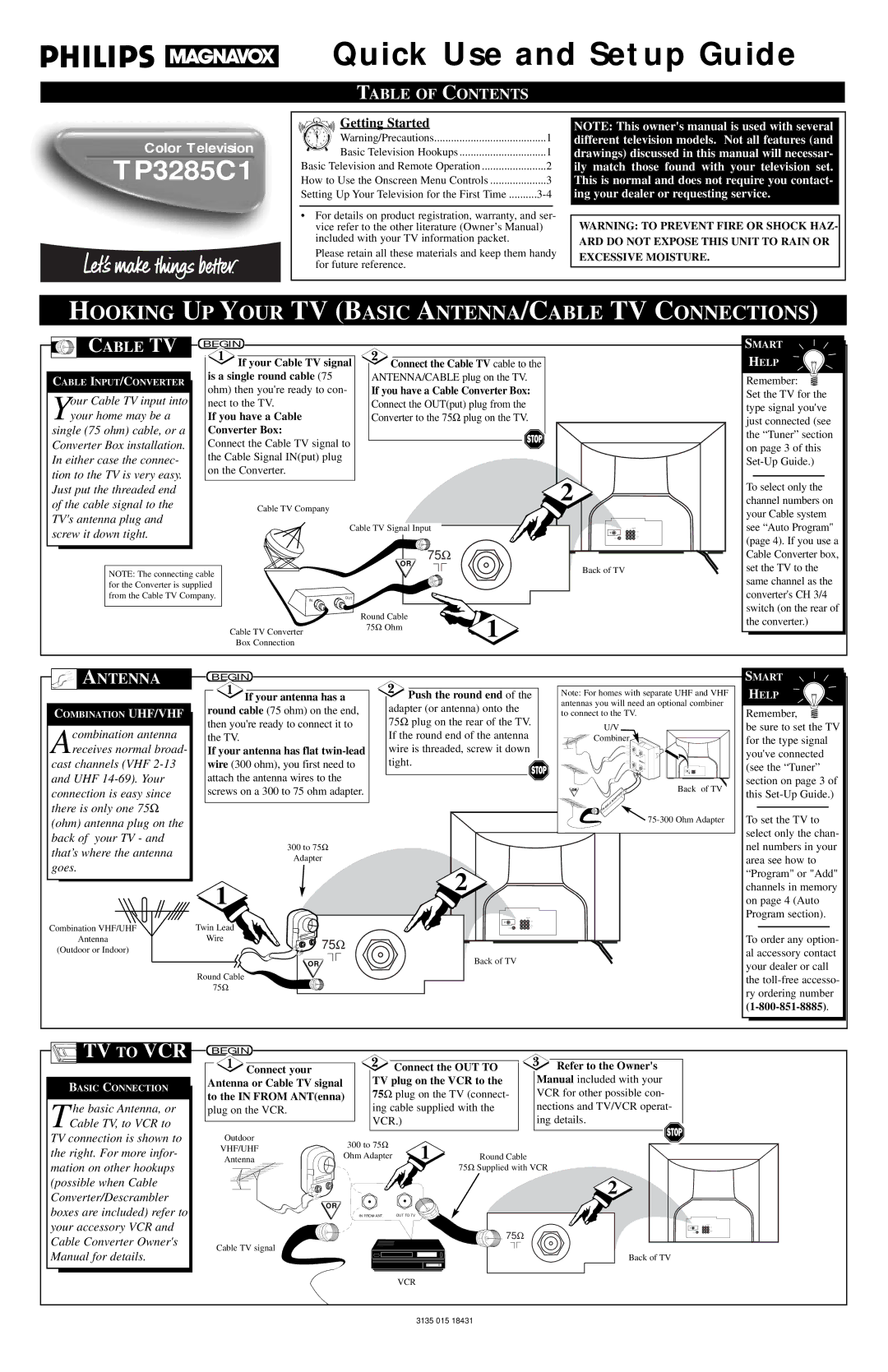 Philips TP3285C1 setup guide Hooking UP Your TV Basic ANTENNA/CABLE TV Connections, TV to VCR, Table of Contents, Cable TV 