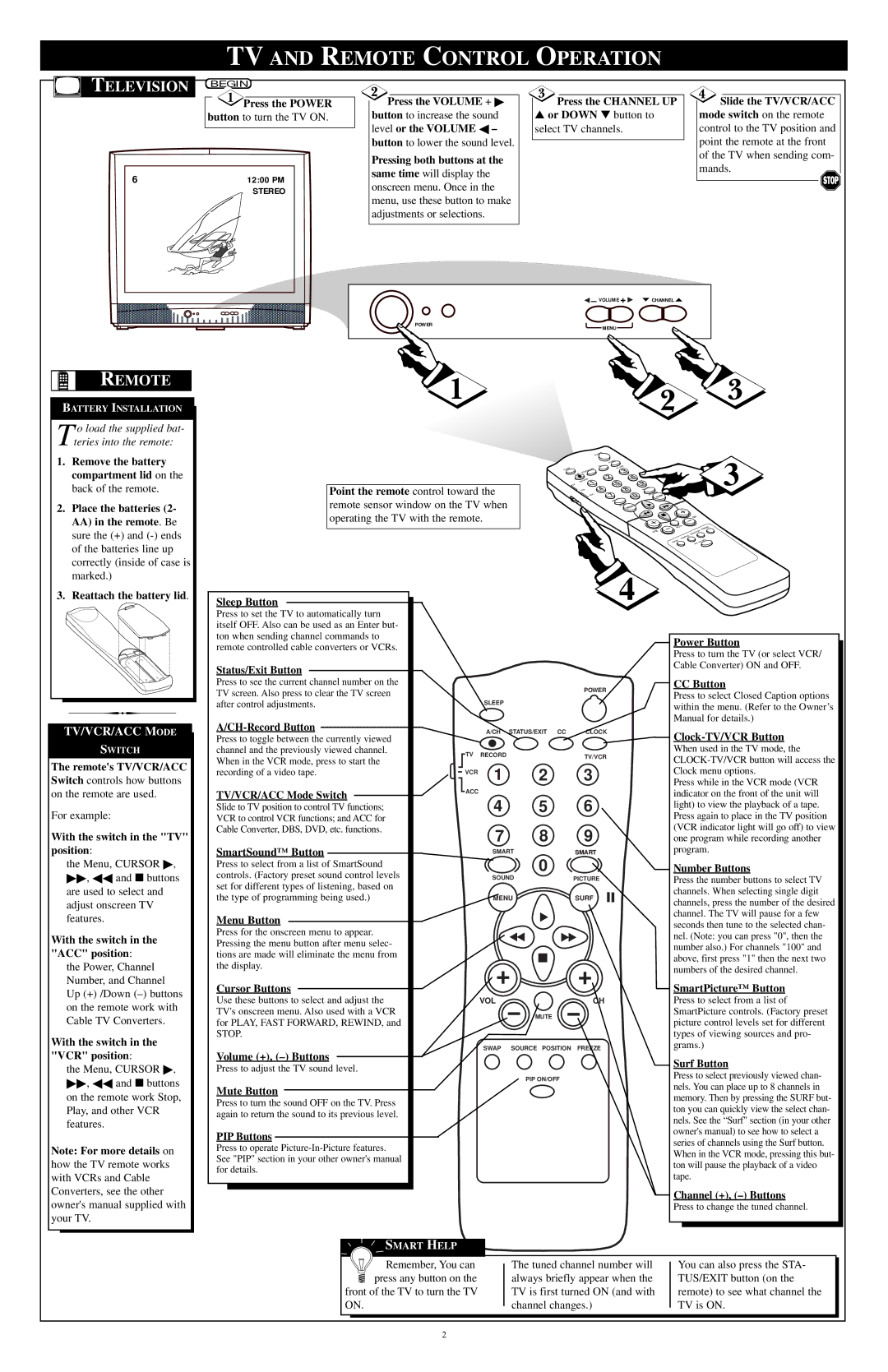 Philips TP3285C1 setup guide TV and Remote Control Operation, Television 