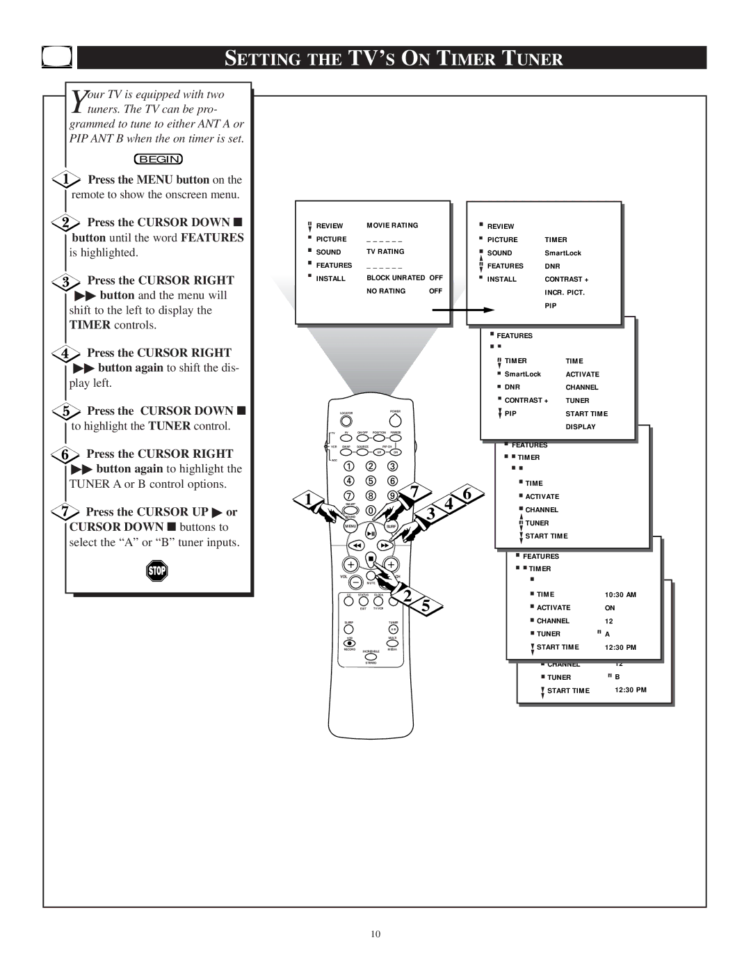 Philips TP3297B1 Setting the TV’S on Timer Tuner, Press the Cursor Down, Press the Cursor UP or Cursor Down buttons to 