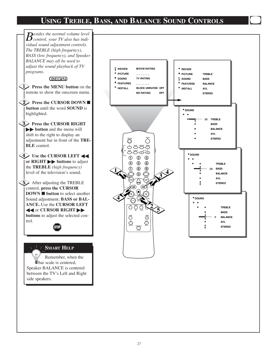 Philips TP3297B1 manual Using TREBLE, BASS, and Balance Sound Controls 