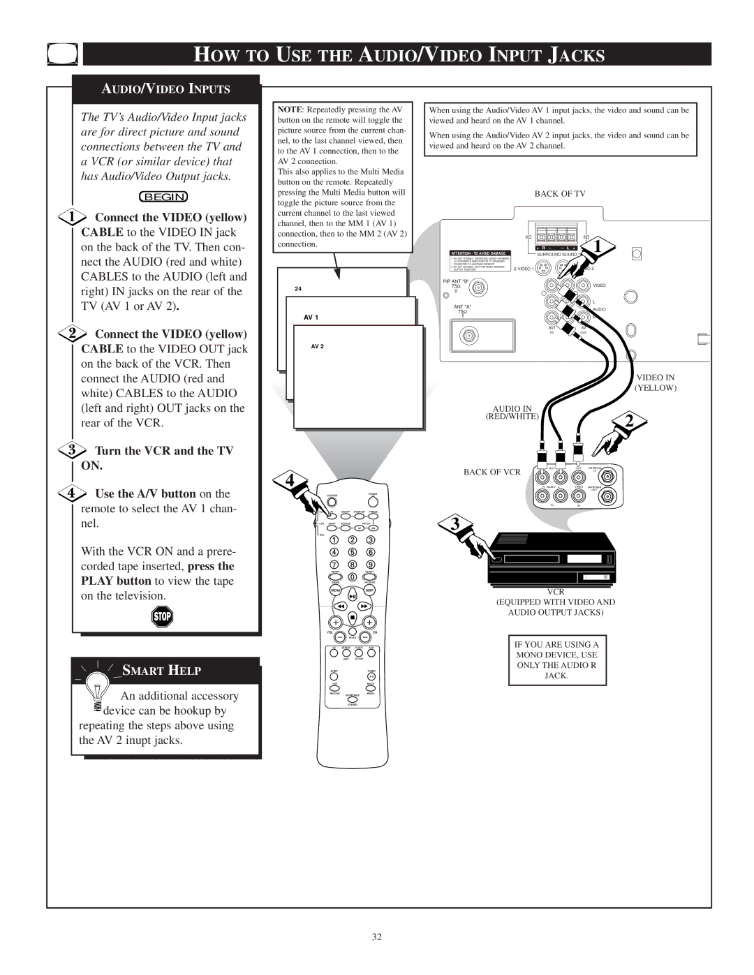 Philips TP3297B1 manual HOW to USE the AUDIO/VIDEO Input Jacks, Connect the Video yellow 