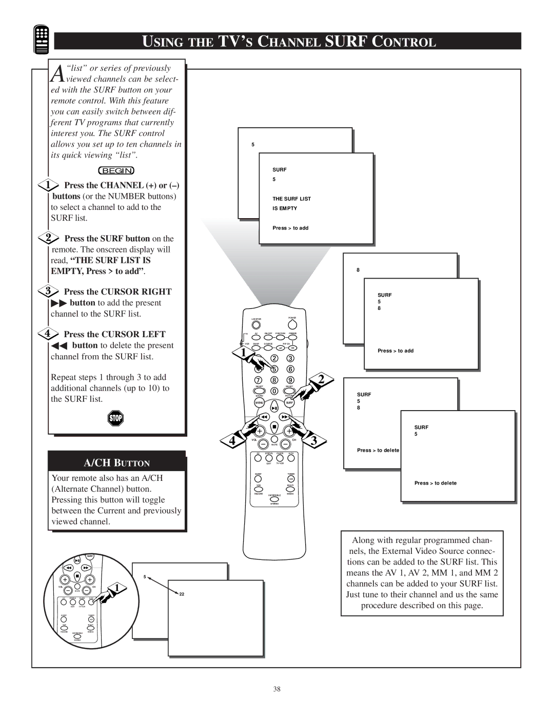 Philips TP3297B1 manual Using the TV’S Channel Surf Control, Press the Surf button on, Press the Cursor Left 