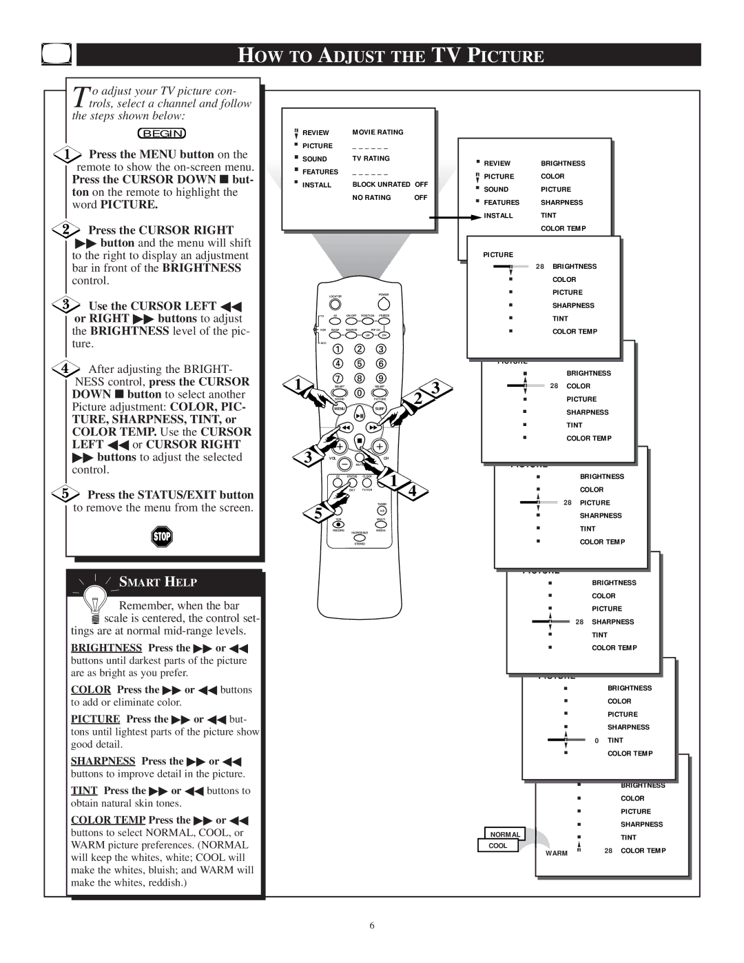 Philips TP3297B1 manual HOW to Adjust the TV Picture, Buttons to adjust the selected control, Press the STATUS/EXIT button 