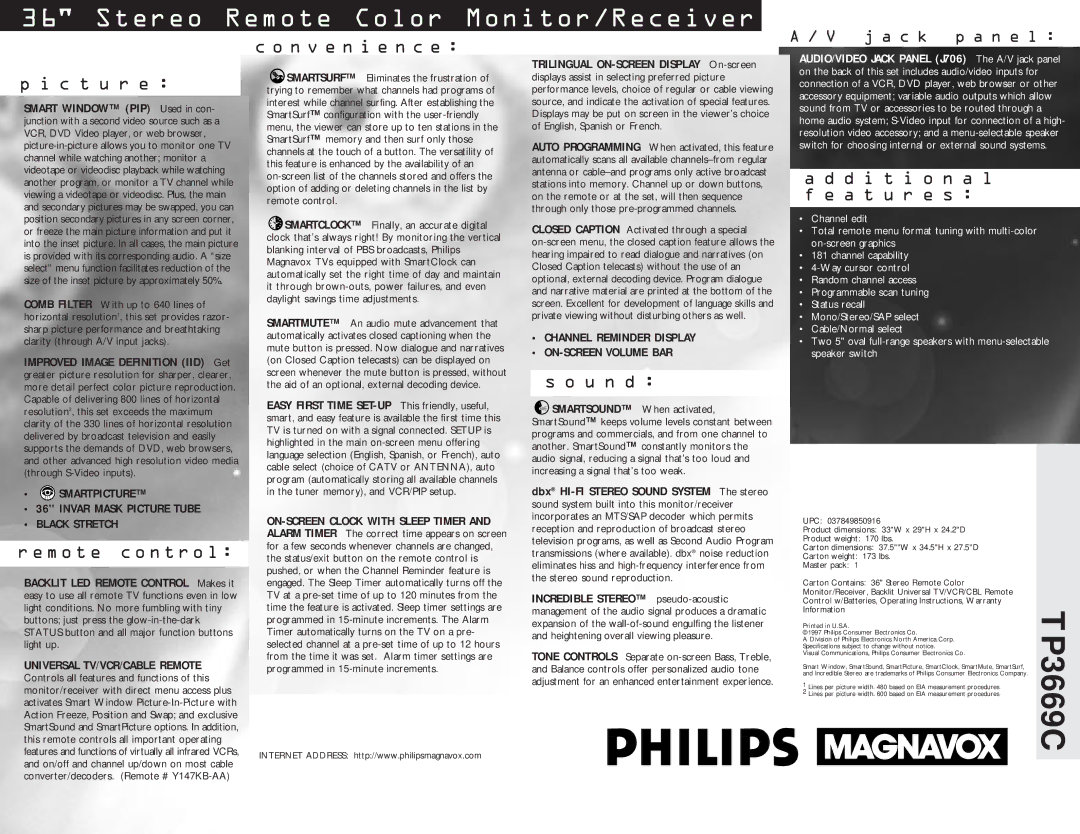 Philips TP3669C manual C t u r e, Remote control, N v e n i e n c e, U n d, D i t i o n a l f e a t u r e s 