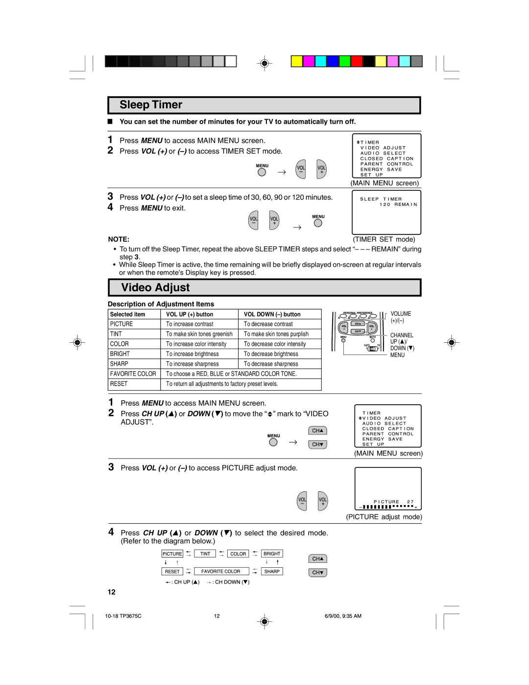 Philips TP3675 manual Sleep Timer, Video Adjust, Timer SET mode, Description of Adjustment Items 