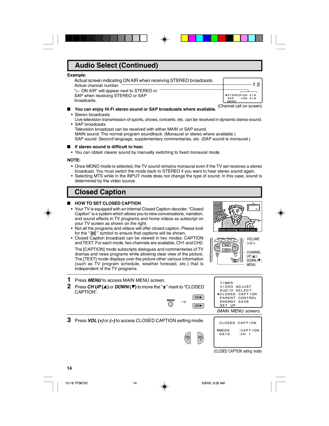 Philips TP3675 manual Example, If stereo sound is difficult to hear, HOW to SET Closed Caption 