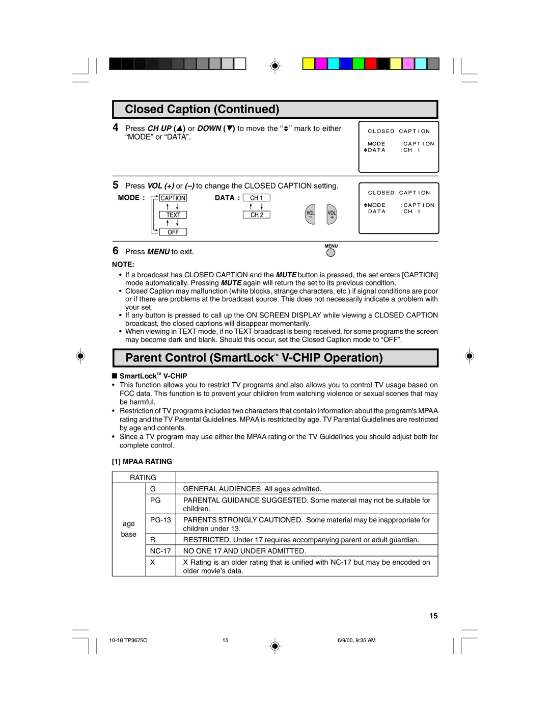 Philips TP3675 manual Parent Control SmartLockTM V-CHIP Operation, Mode Data, Mpaa Rating 