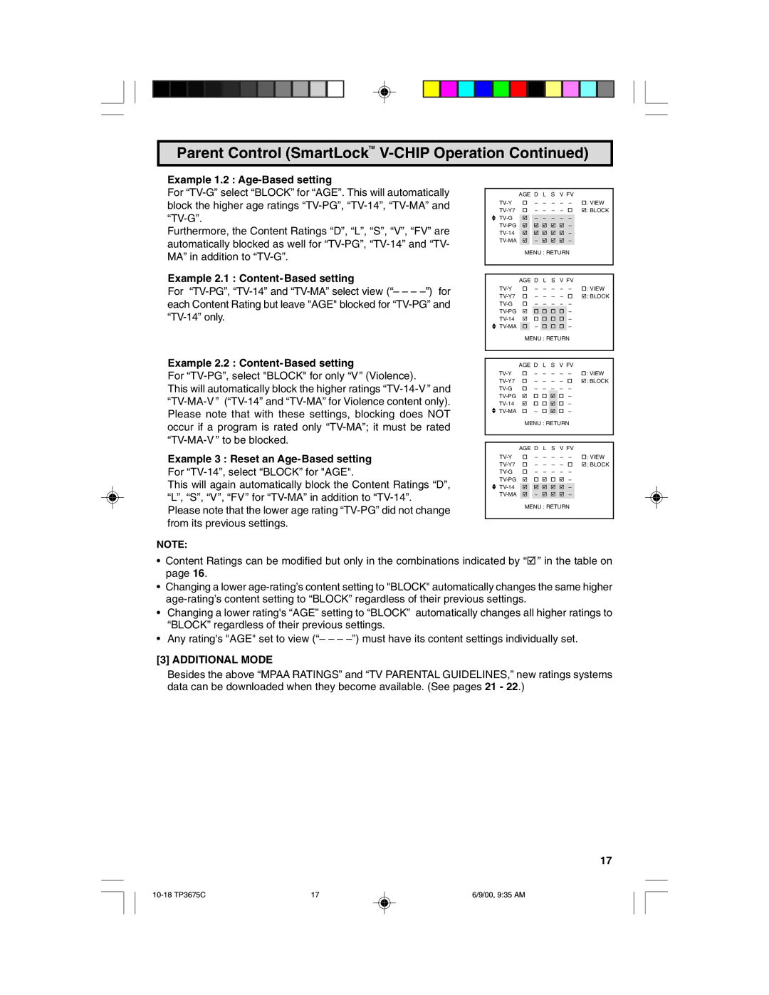 Philips TP3675 manual Example 1.2 Age-Based setting, Example 2.1 Content- Based setting, Example 2.2 Content-Based setting 