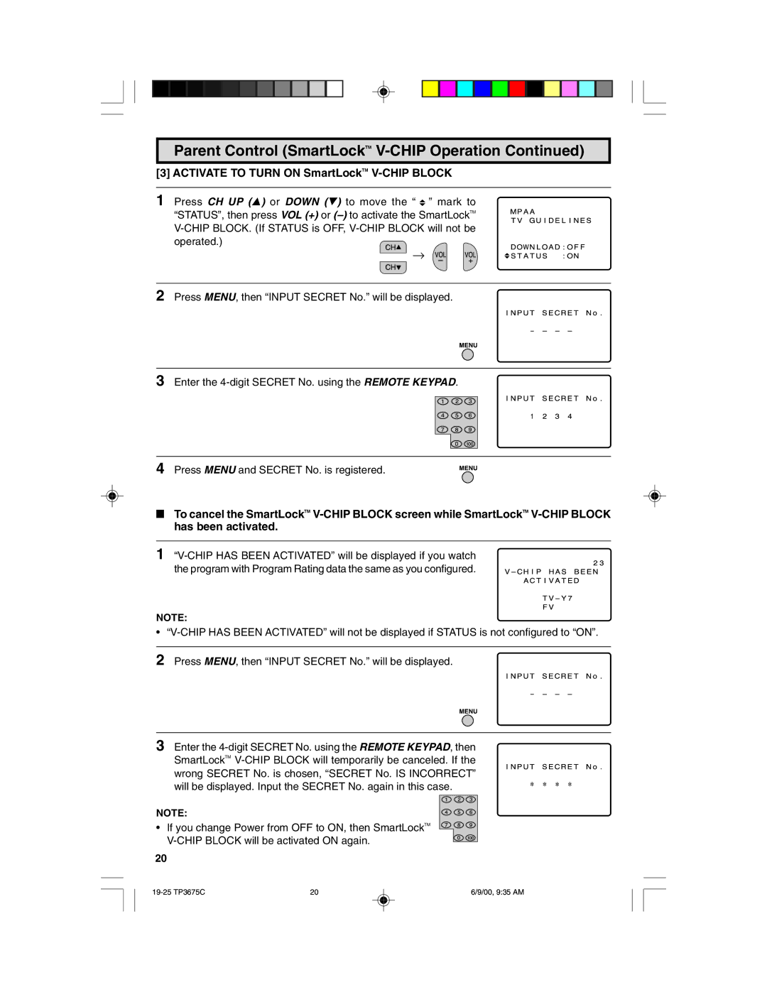 Philips TP3675 manual Activate to Turn on SmartLockTM V-CHIP Block 