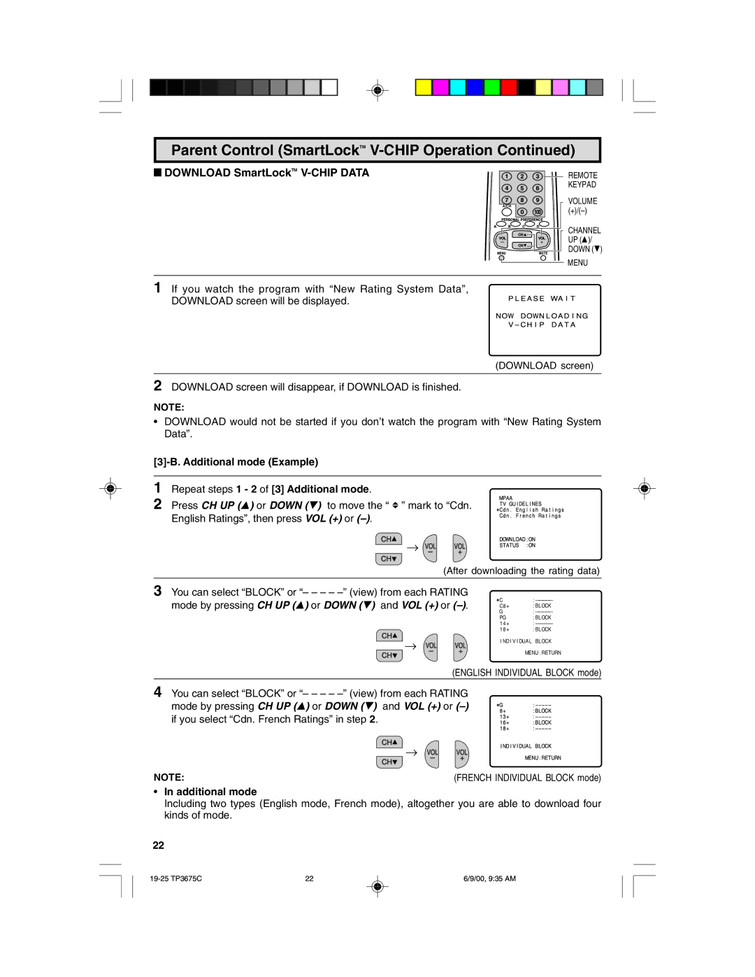 Philips TP3675 manual Download SmartLockTM V-CHIP Data, Additional mode 