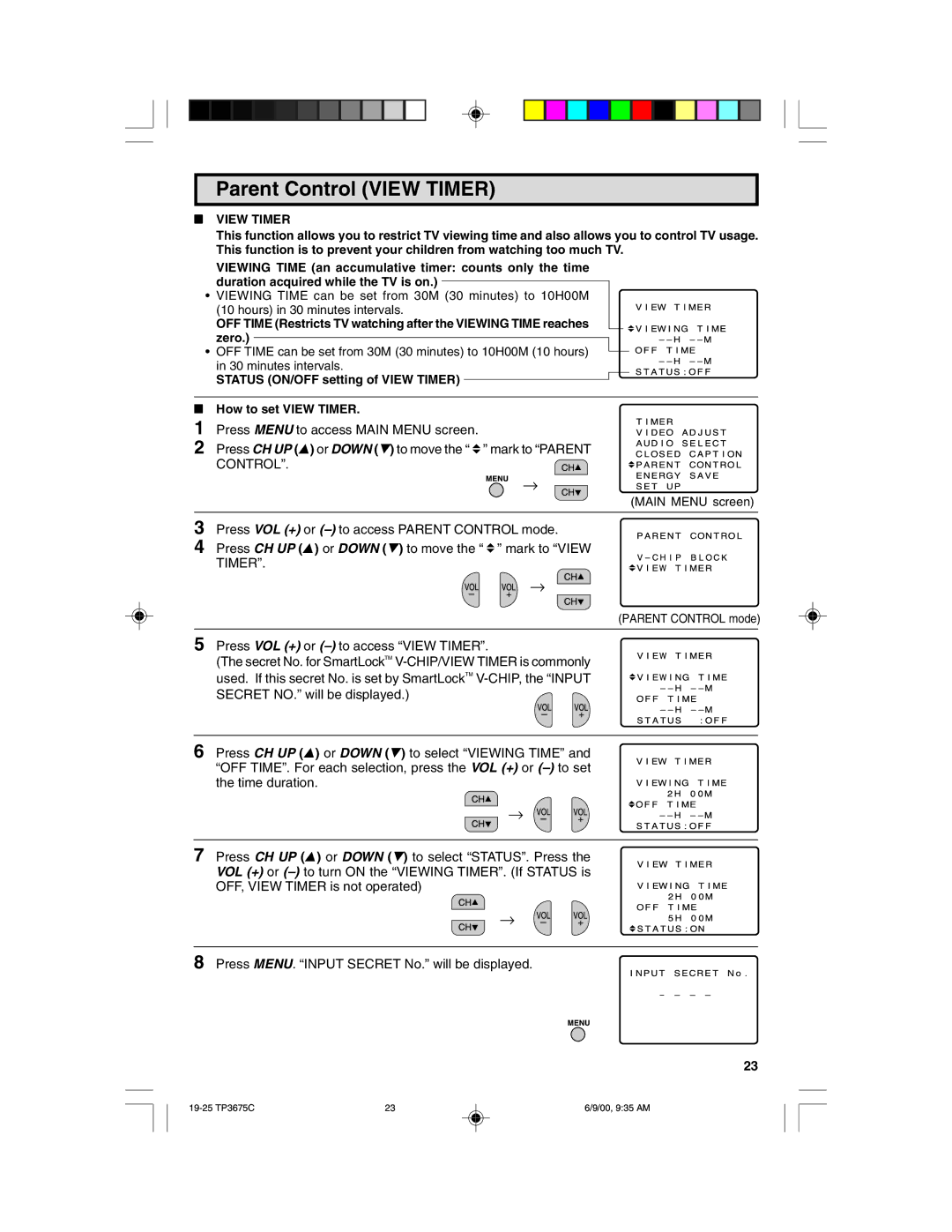 Philips TP3675 manual Parent Control View Timer, Status ON/OFF setting of View Timer How to set View Timer 