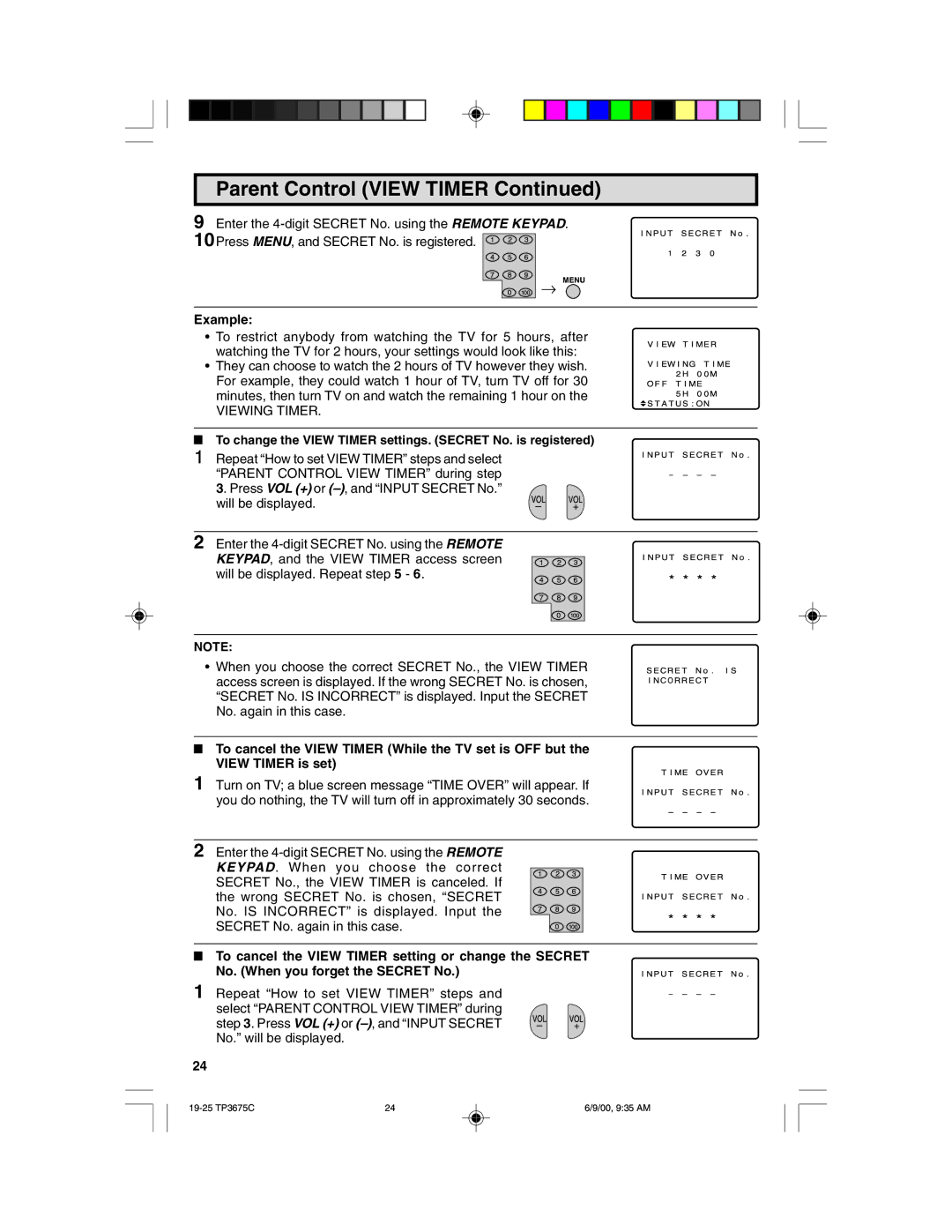 Philips TP3675 manual To change the View Timer settings. Secret No. is registered 