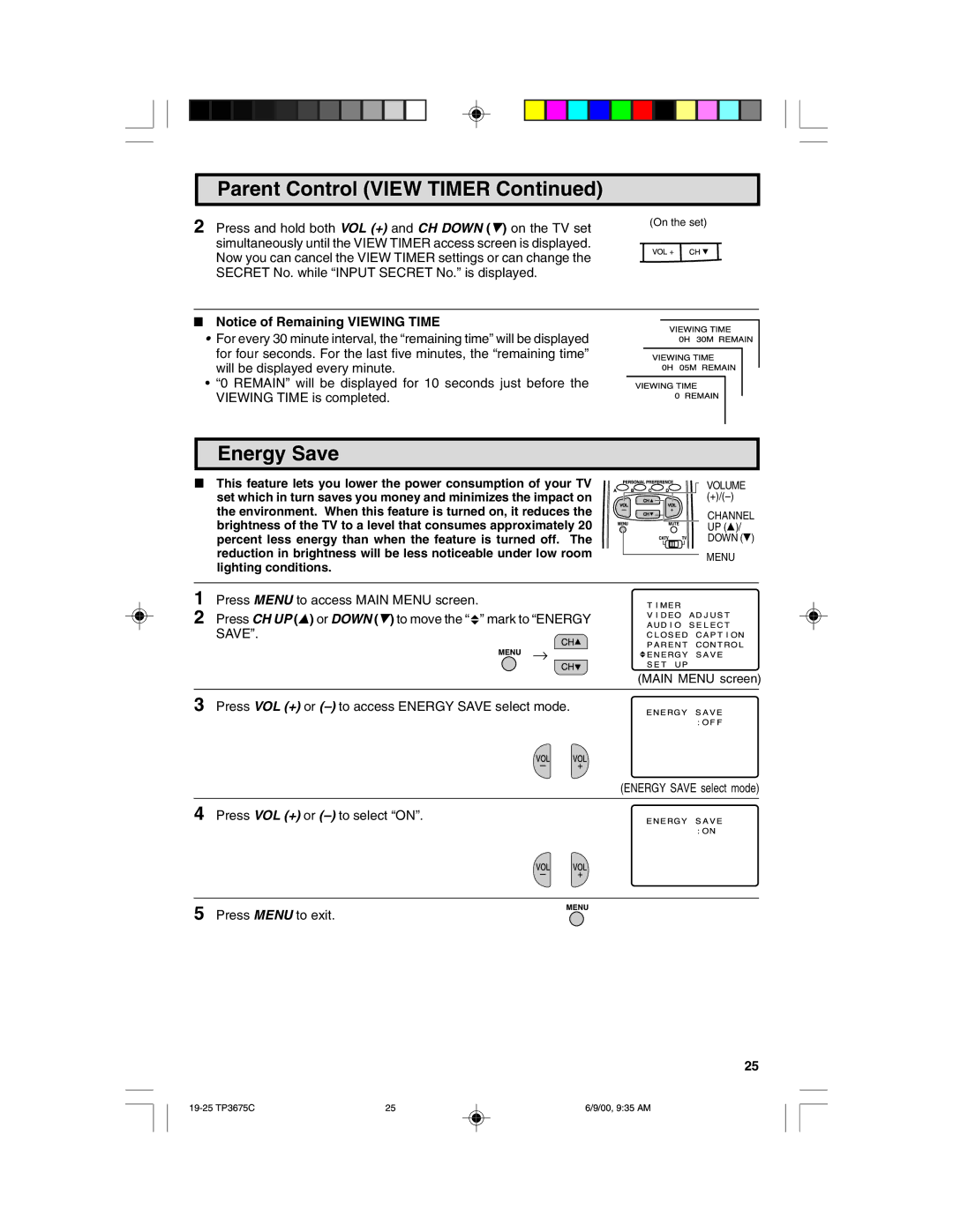 Philips TP3675 manual Parent Control View Timer, Energy Save 