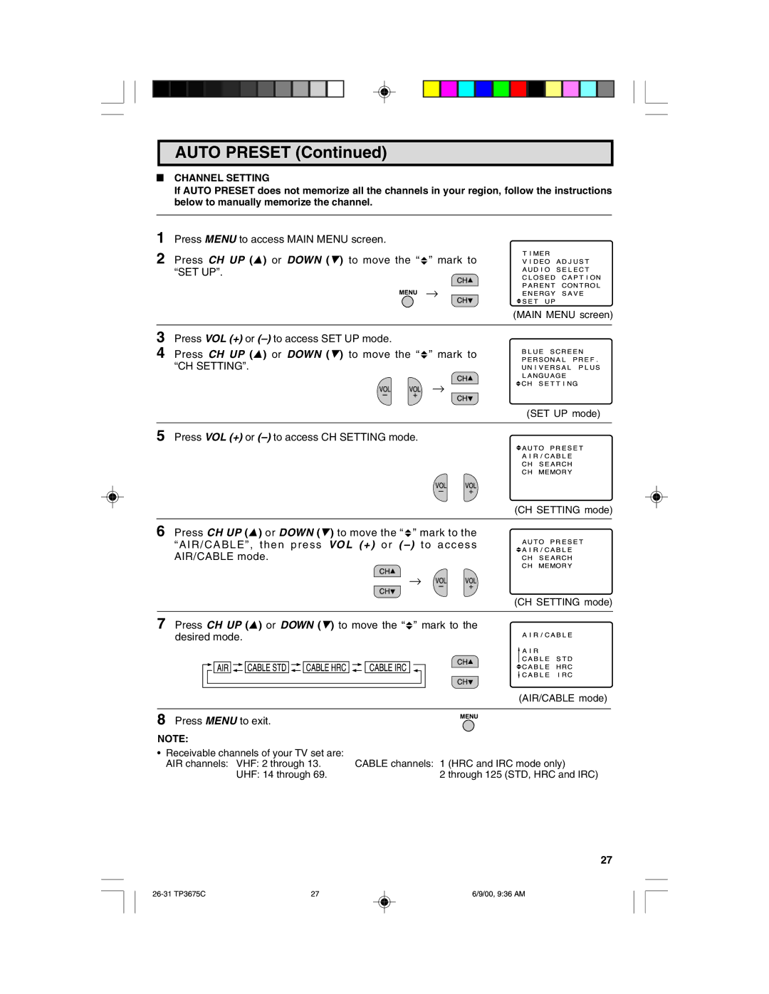 Philips TP3675 manual Auto Preset, Channel Setting 